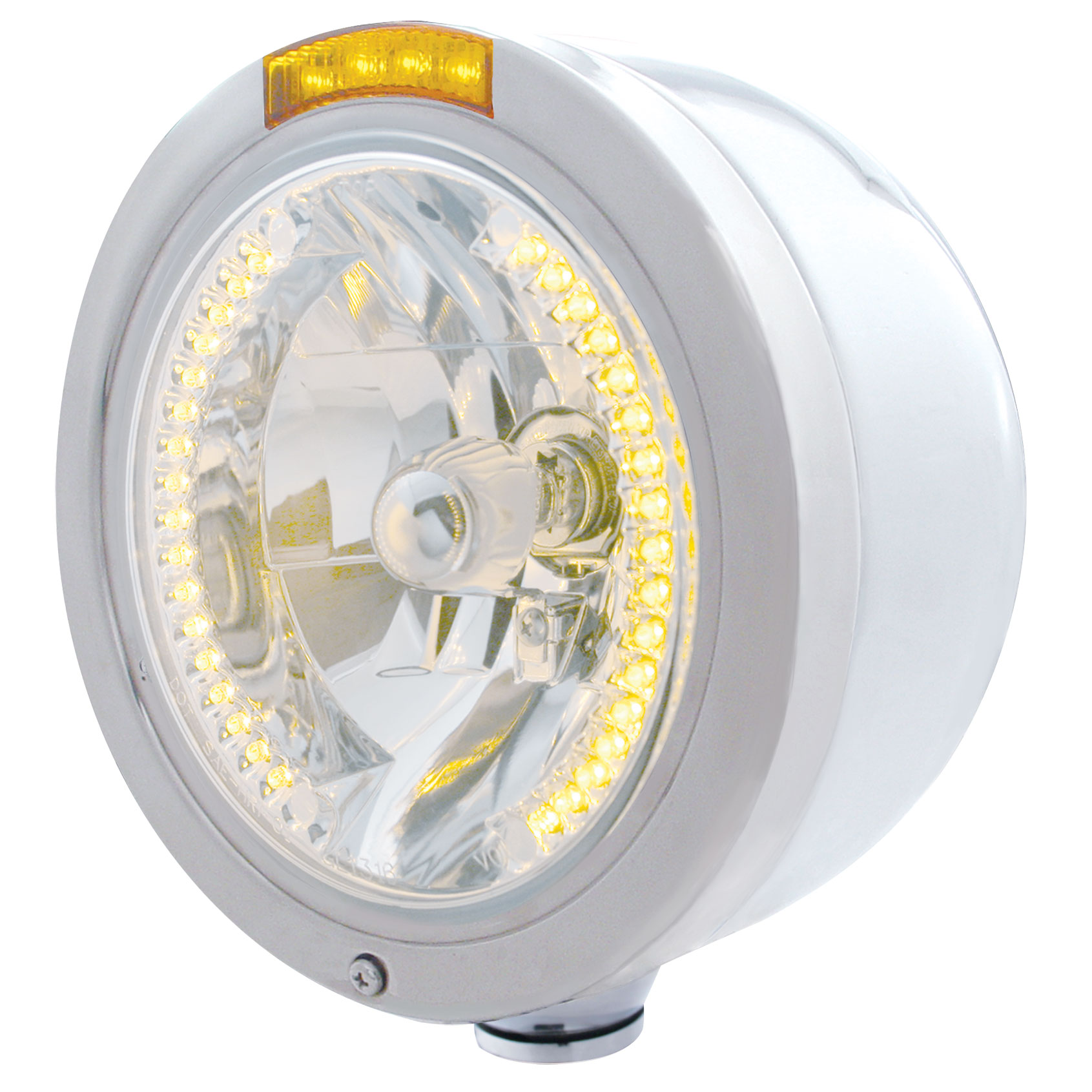 Stainless Steel Peterbilt "Bullet" Half-Moon Peterbilt Headlight W/ Amber Dual Function Signal Light - 34 Amber Led Crystal Halogen