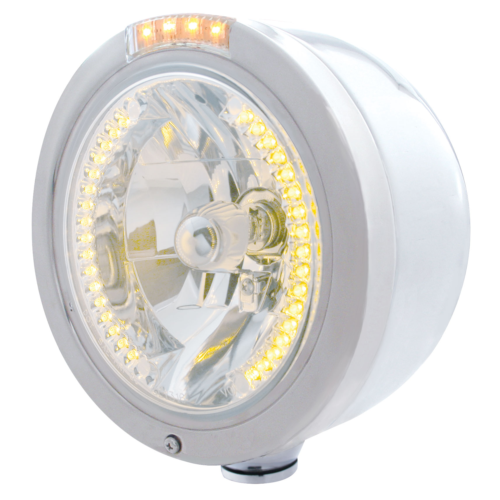 Stainless Steel Peterbilt "Bullet" Half-Moon Peterbilt Headlight W/ Amber/Clear 2 Function Signal Lt - 34 Amber Led Crystal Halogen