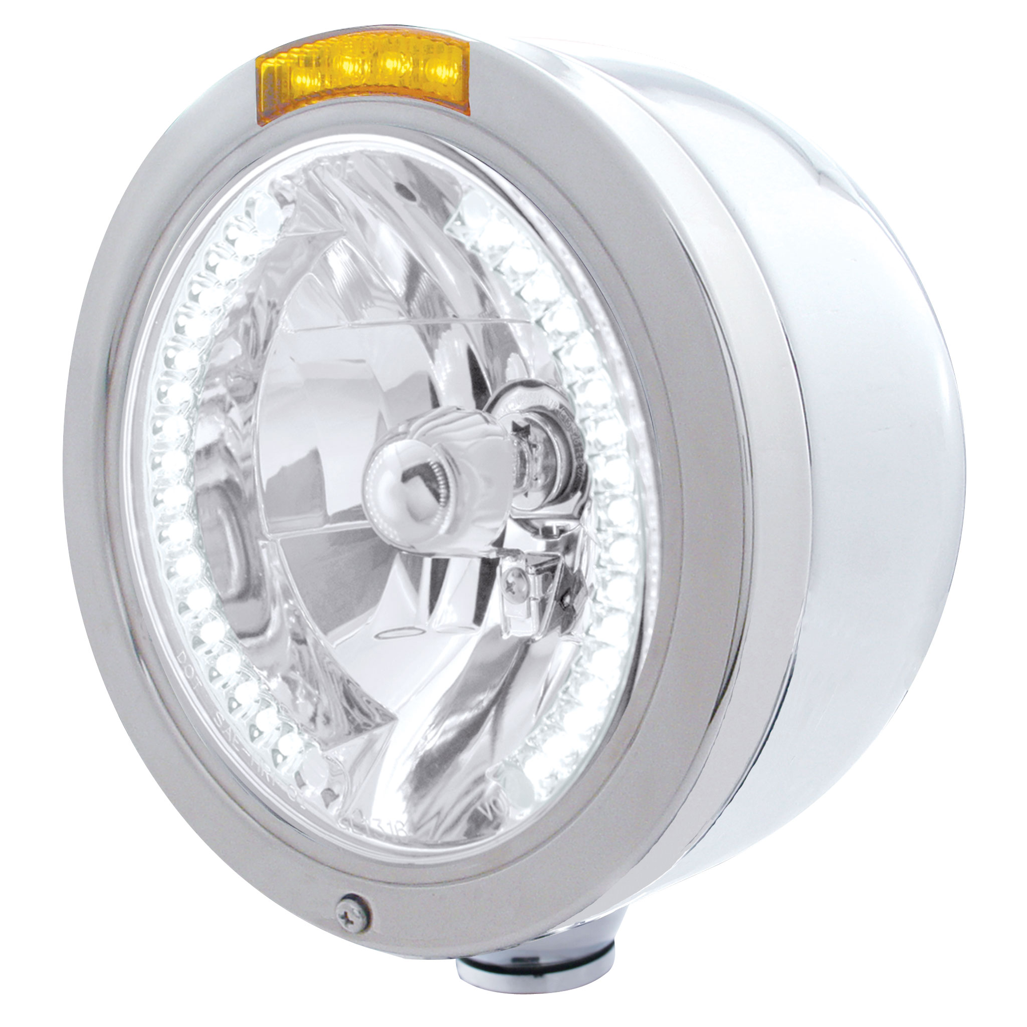 Stainless Steel Peterbilt "Bullet" Half-Moon Peterbilt Headlight W/ Amber Signal Light - 34 White Led Crystal Halogen