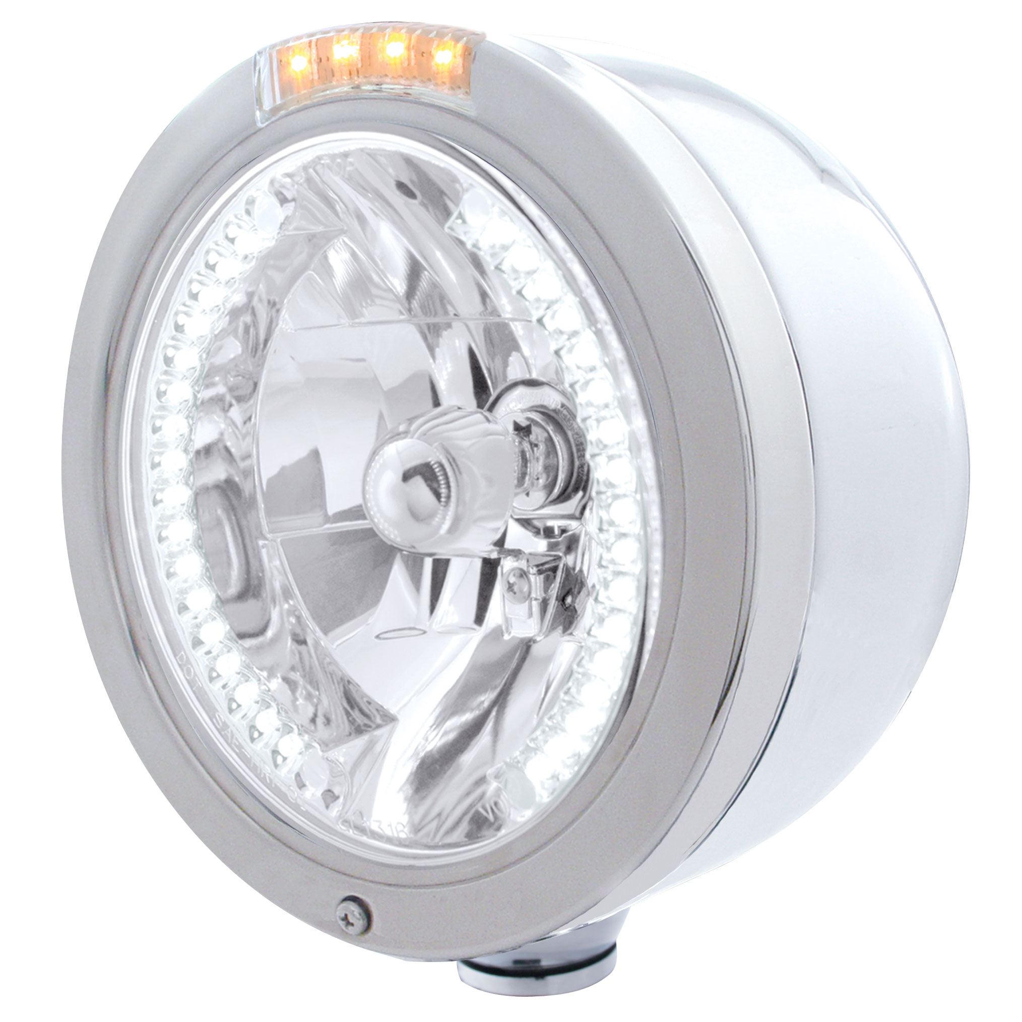 Stainless Steel Peterbilt "Bullet" Half-Moon Peterbilt Headlight W/ Amber/Clear Signal Light - 34 White Led Crystal Halogen
