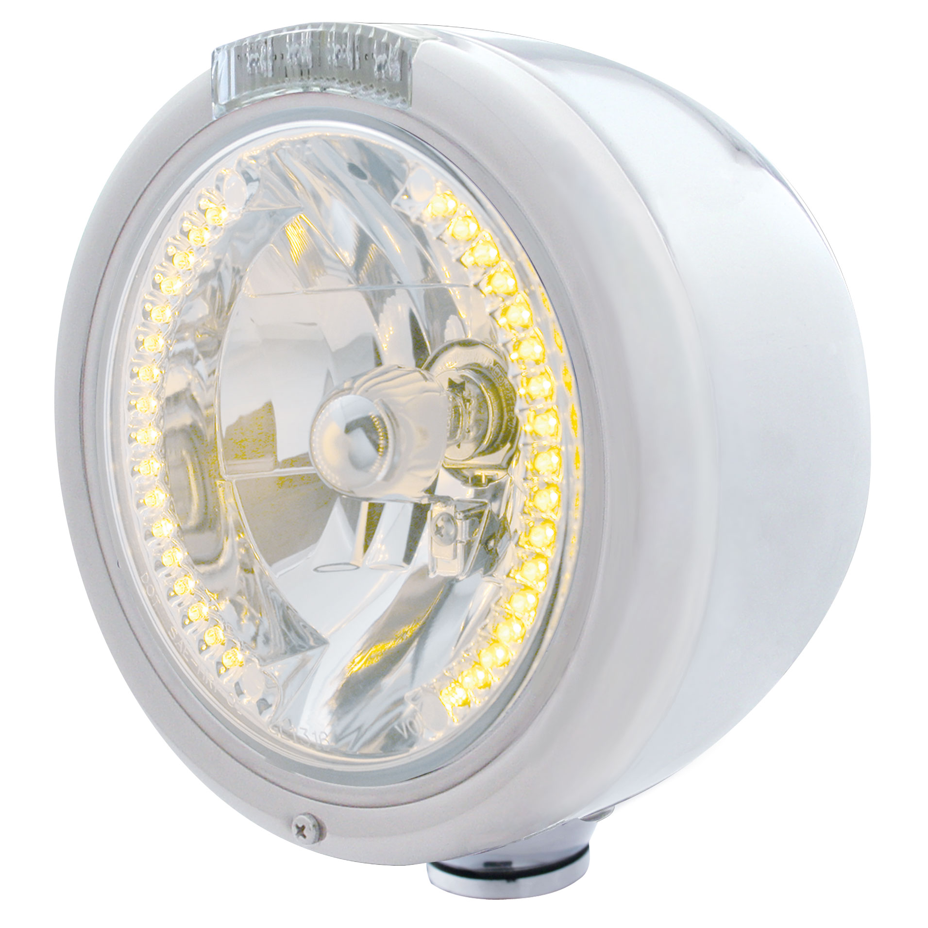 Stainless Steel Peterbilt "Classic" Half-Moon Peterbilt Headlight W/ Amber/Clear 2 Function Signal Lt - 34 Amber Led Crystal Halogen