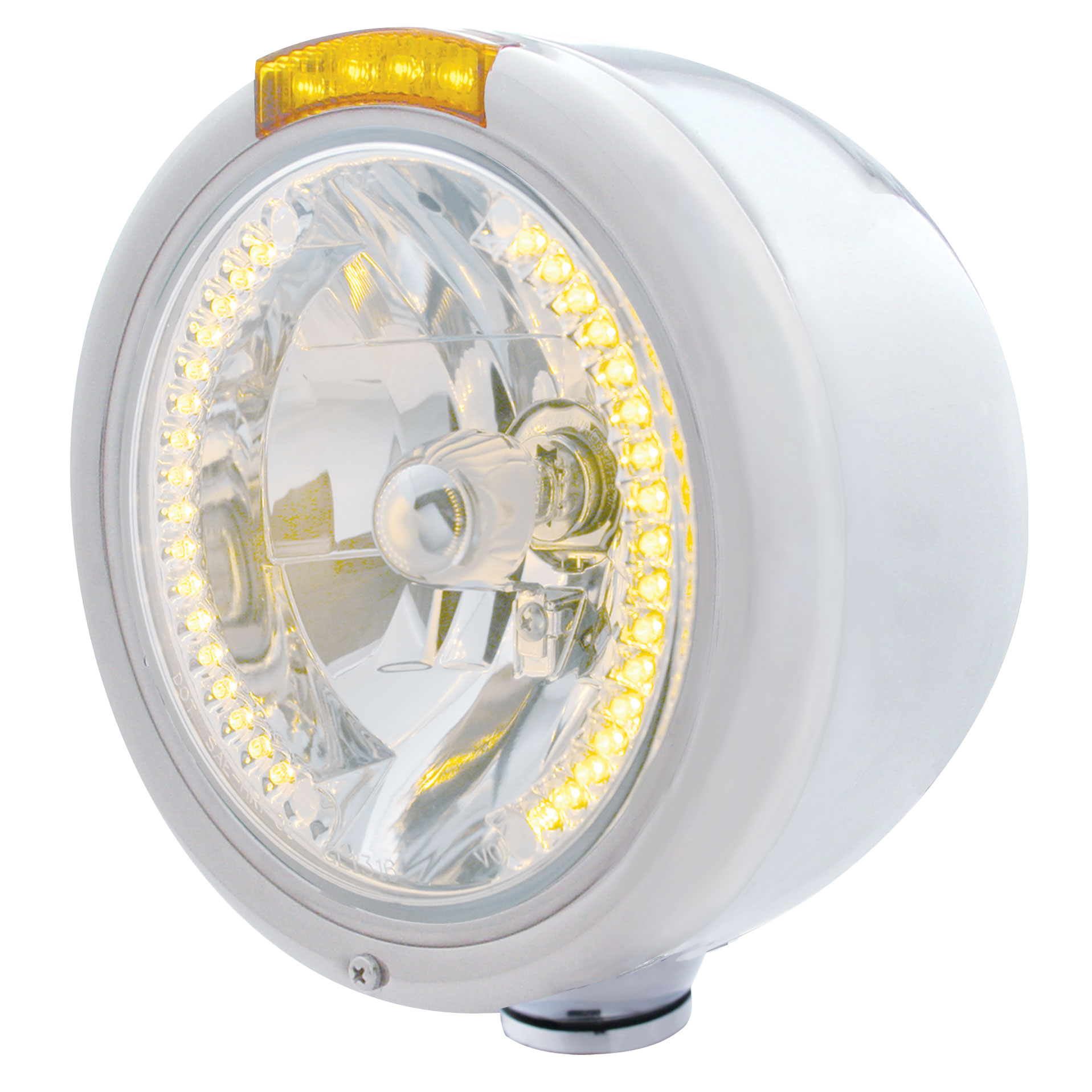 Stainless Steel Peterbilt "Classic" Half-Moon Peterbilt Headlight W/ Amber Signal Light - 34 Amber Led Crystal Halogen