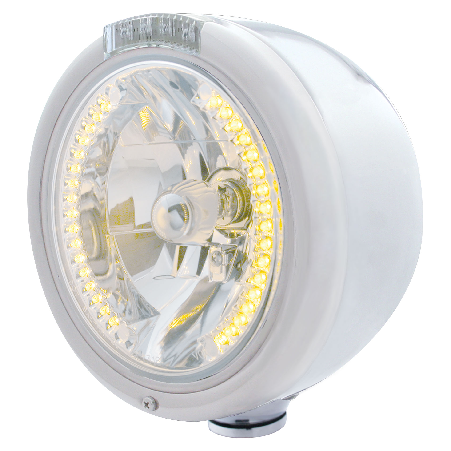 Stainless Steel Peterbilt "Classic" Half-Moon Peterbilt Headlight W/ Amber/Clear Signal Light - 34 Amber Led Crystal Halogen