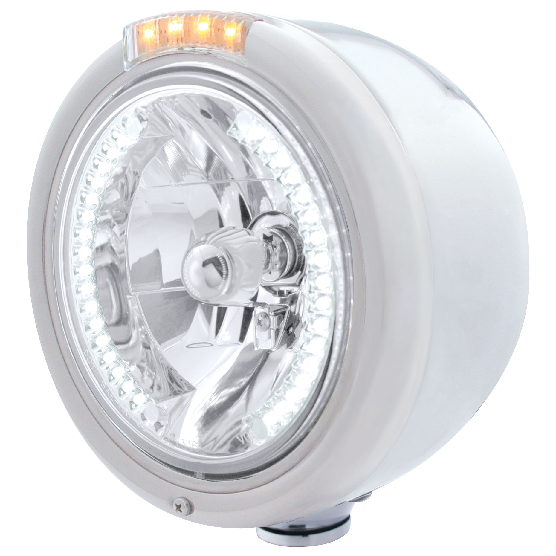 Stainless Steel Peterbilt "Classic" Half-Moon Peterbilt Headlight W/ Amber/Clear 2 Function Signal Lt - 34 White Led Crystal Halogen