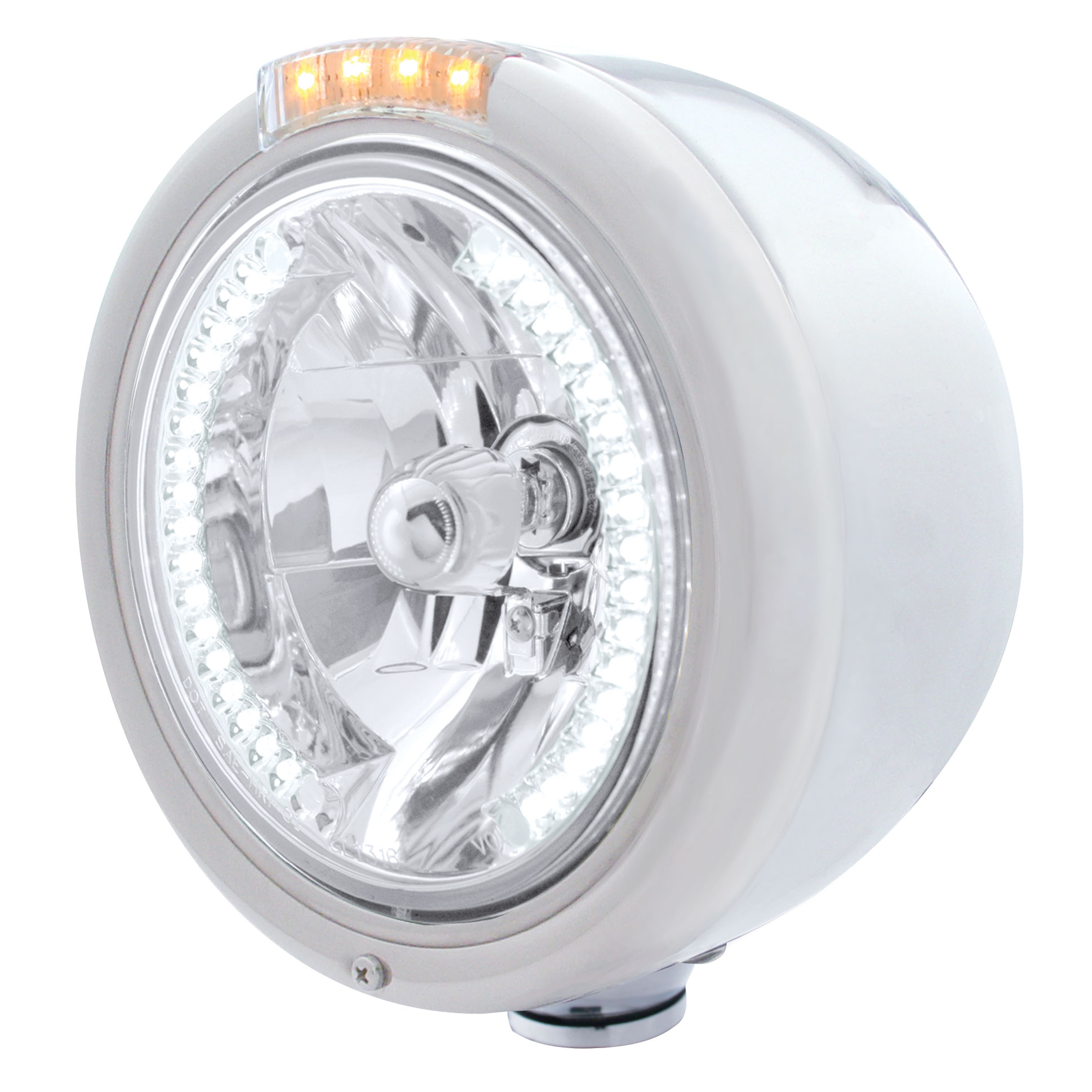 Stainless Steel Peterbilt "Classic" Half-Moon Peterbilt Headlight W/ Amber/Clear Signal Light - 34 White Led Crystal Halogen