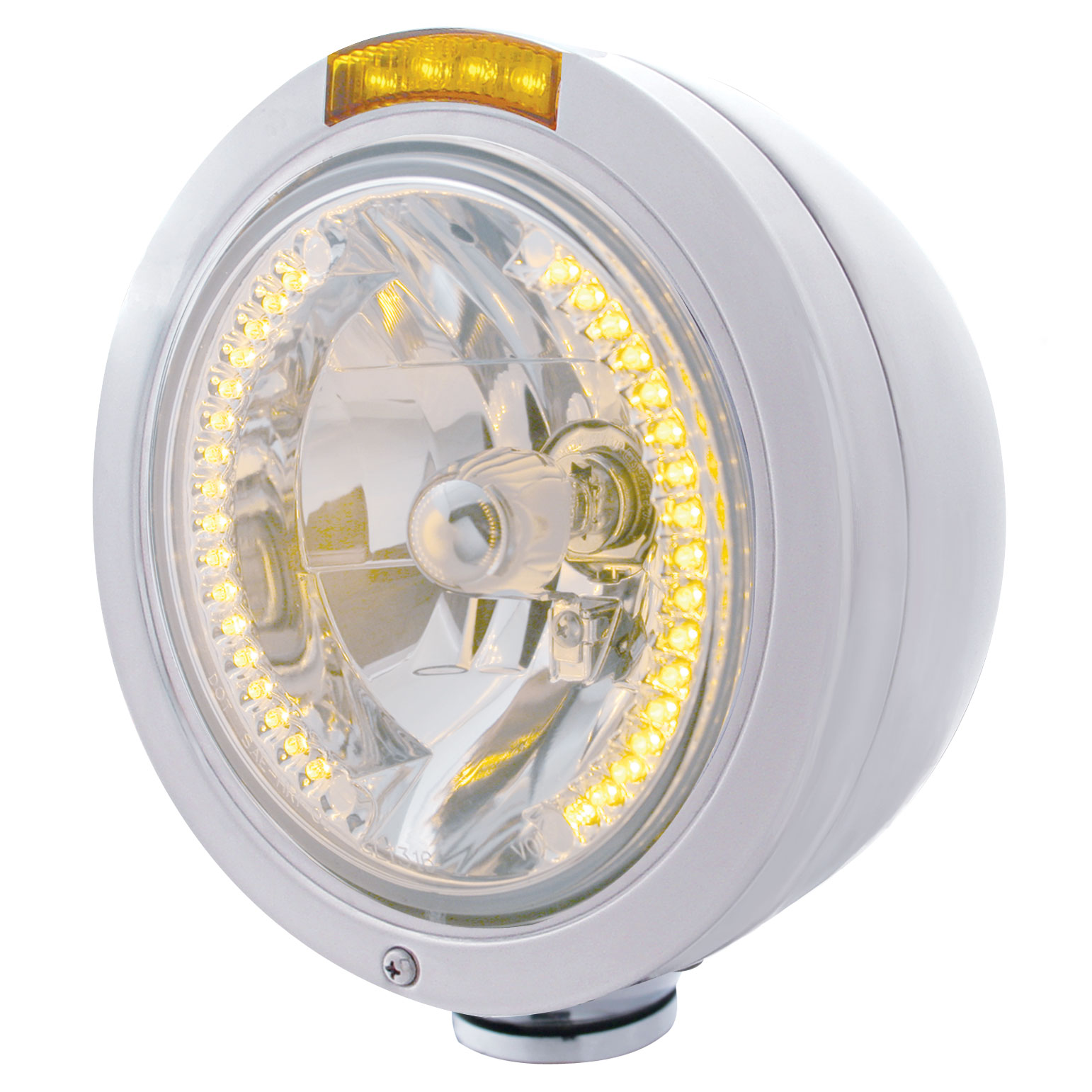 Stainless Steel Peterbilt "Bullet" Peterbilt Headlight W/ Amber Dual Function Signal Light - 34 Amber Led Crystal Halogen