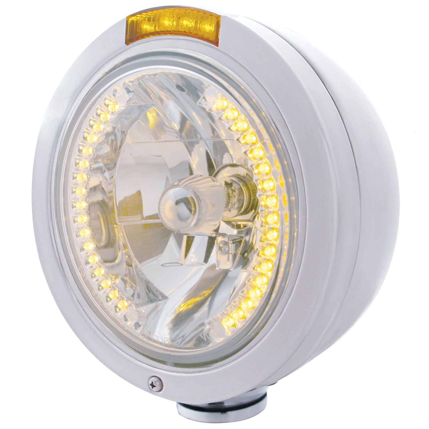Stainless Steel Peterbilt "Bullet" Peterbilt Headlight W/ Amber Signal Light - 34 Amber Led Crystal Halogen
