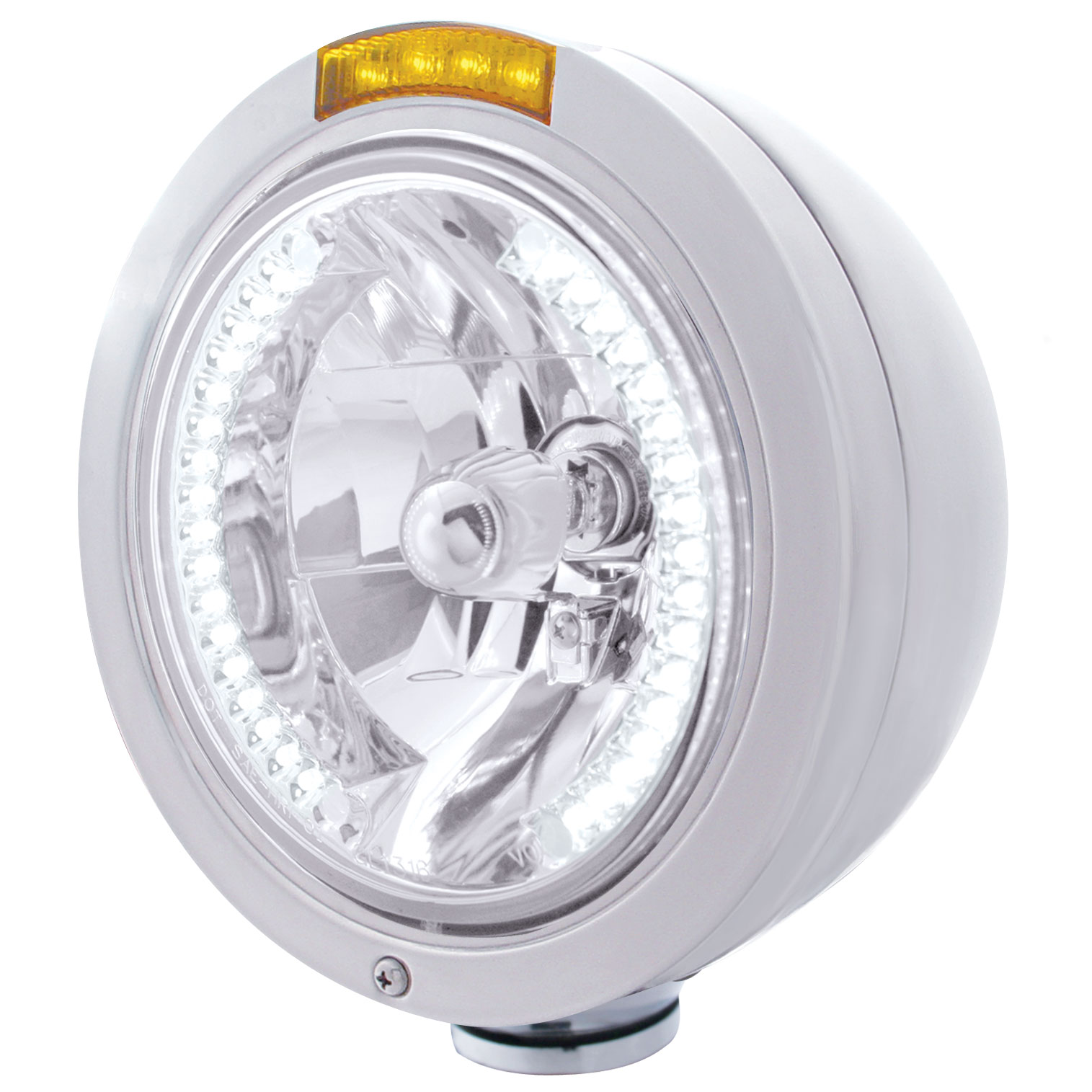 Stainless Steel Peterbilt "Bullet" Peterbilt Headlight W/ Amber Dual Function Signal Light - 34 White Led Crystal Halogen