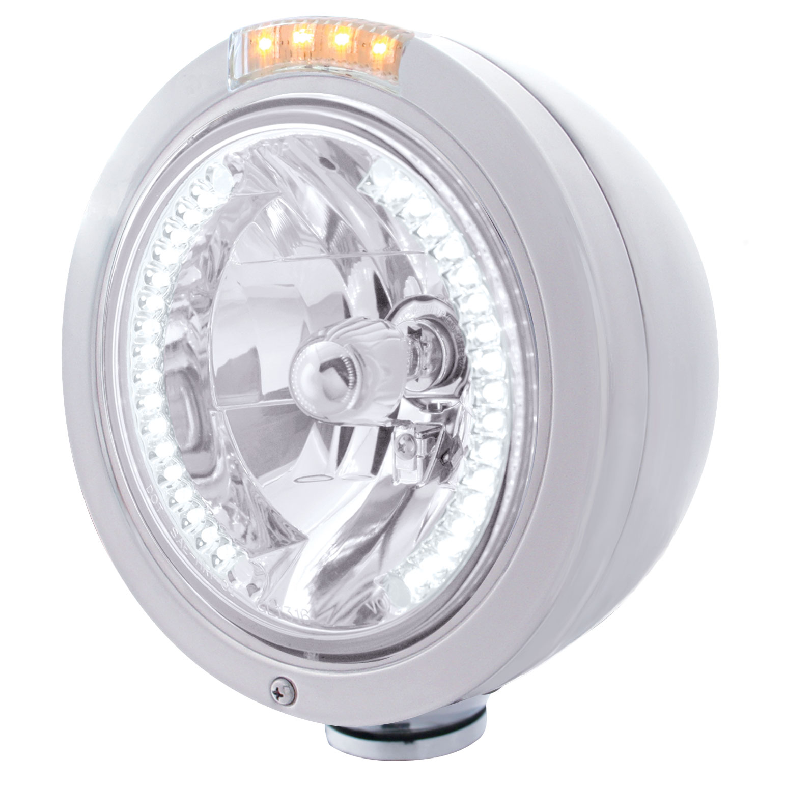 Stainless Steel Peterbilt "Bullet" Peterbilt Headlight W/ Amber/Clear Dual Function Signal Light - 34 White Led Crystal Halogen