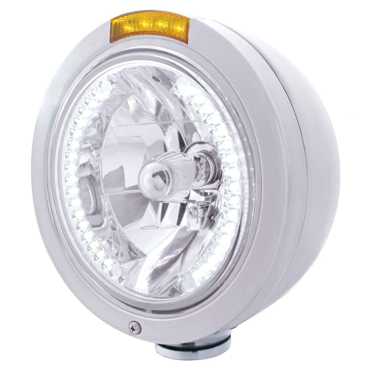 Stainless Steel Peterbilt "Bullet" Peterbilt Headlight W/ Amber Signal Light - 34 White Led Crystal Halogen