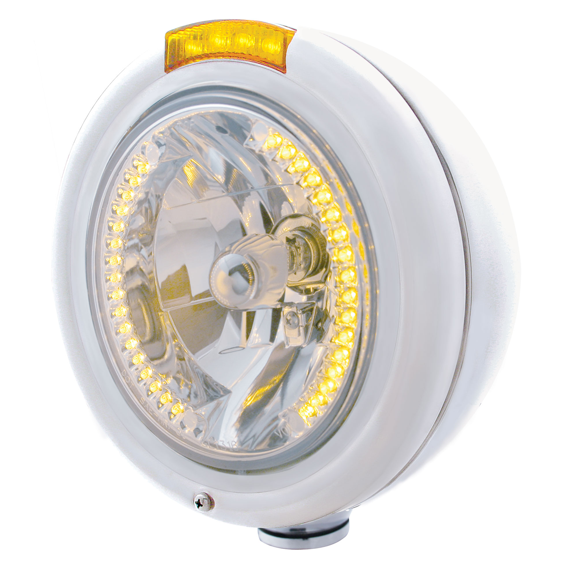 Stainless Steel Peterbilt "Classic" Peterbilt Headlight W/ Amber Dual Function Signal Light - 34 Amber Led Crystal Halogen