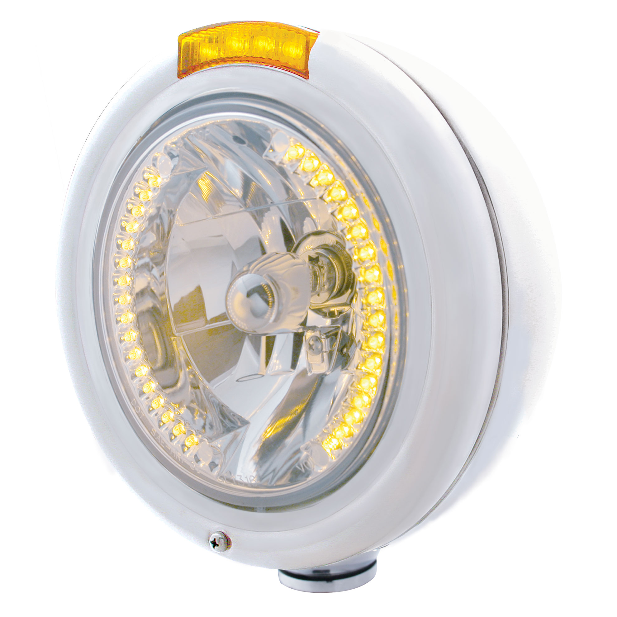 Stainless Steel Peterbilt "Classic" Peterbilt Headlight W/ Amber Signal Light - 34 Amber Led Crystal Halogen