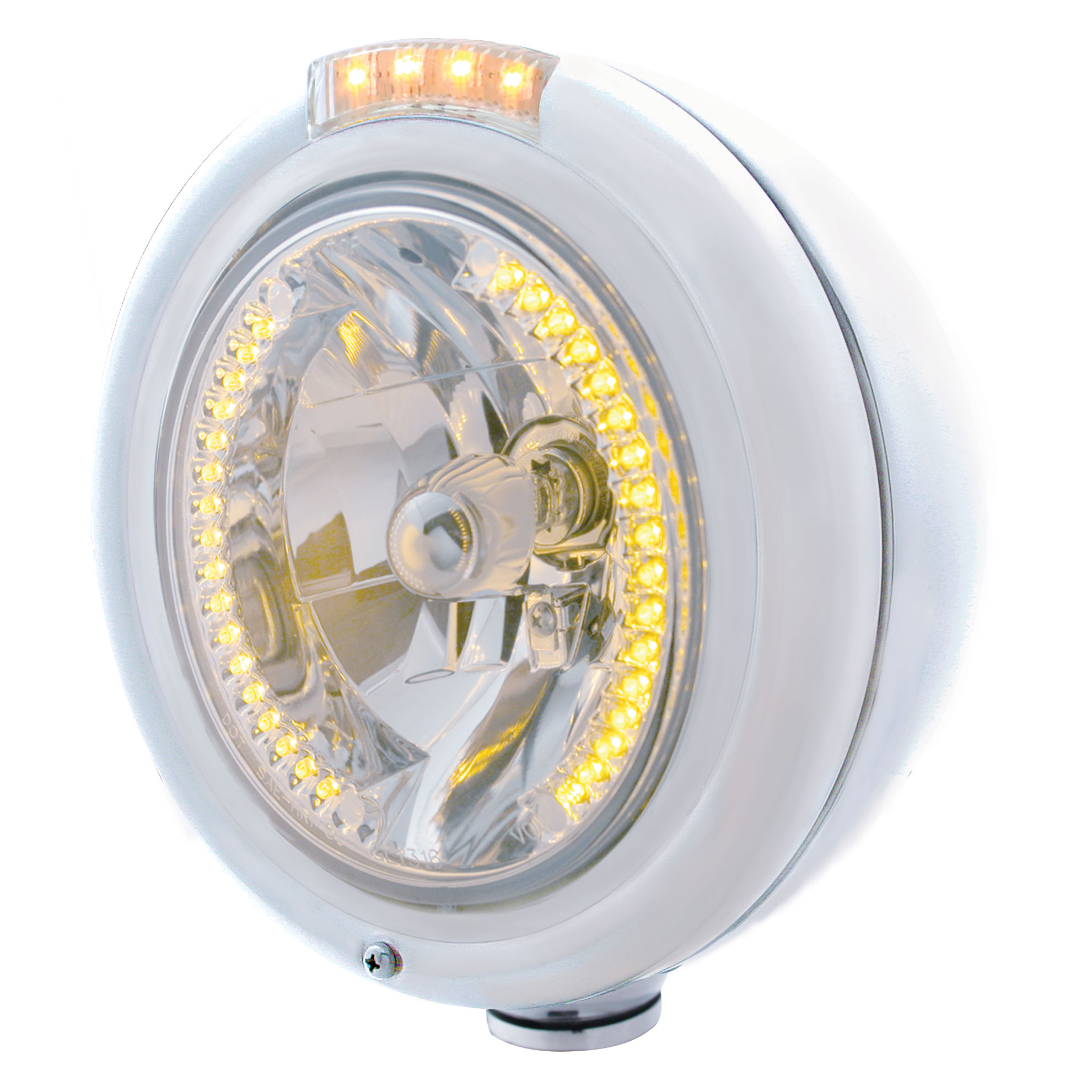 Stainless Steel Peterbilt "Classic" Peterbilt Headlight W/ Amber/Clear Signal Light - 34 Amber Led Crystal Halogen
