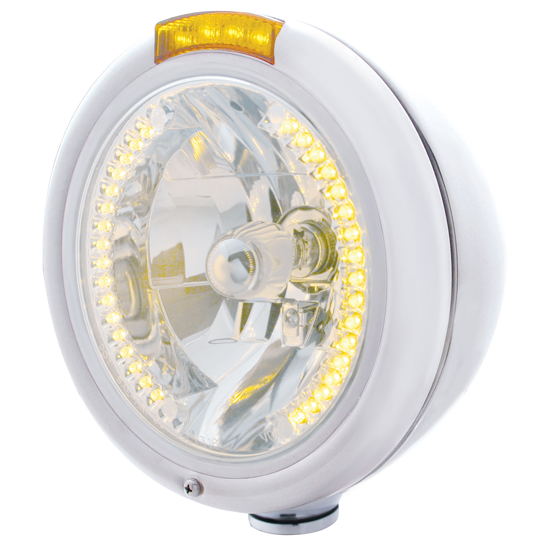 Chrome Peterbilt "Classic" Peterbilt Headlight W/ Amber Dual Function Signal Light - 34 Amber Led Crystal Halogen