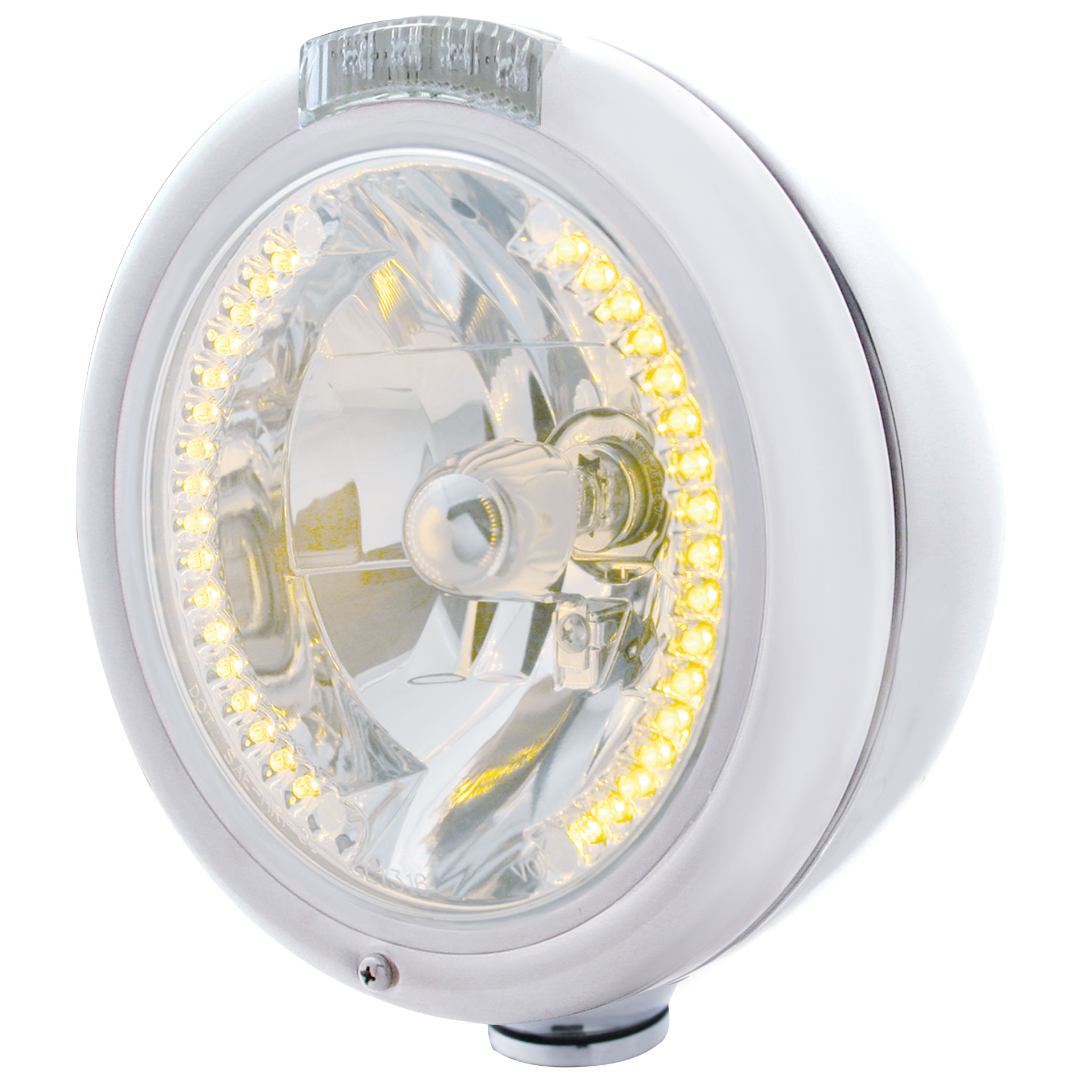 Chrome Peterbilt "Classic" Peterbilt Headlight W/ Amber/Clear Dual Function Signal Light - 34 Amber Led Crystal Halogen