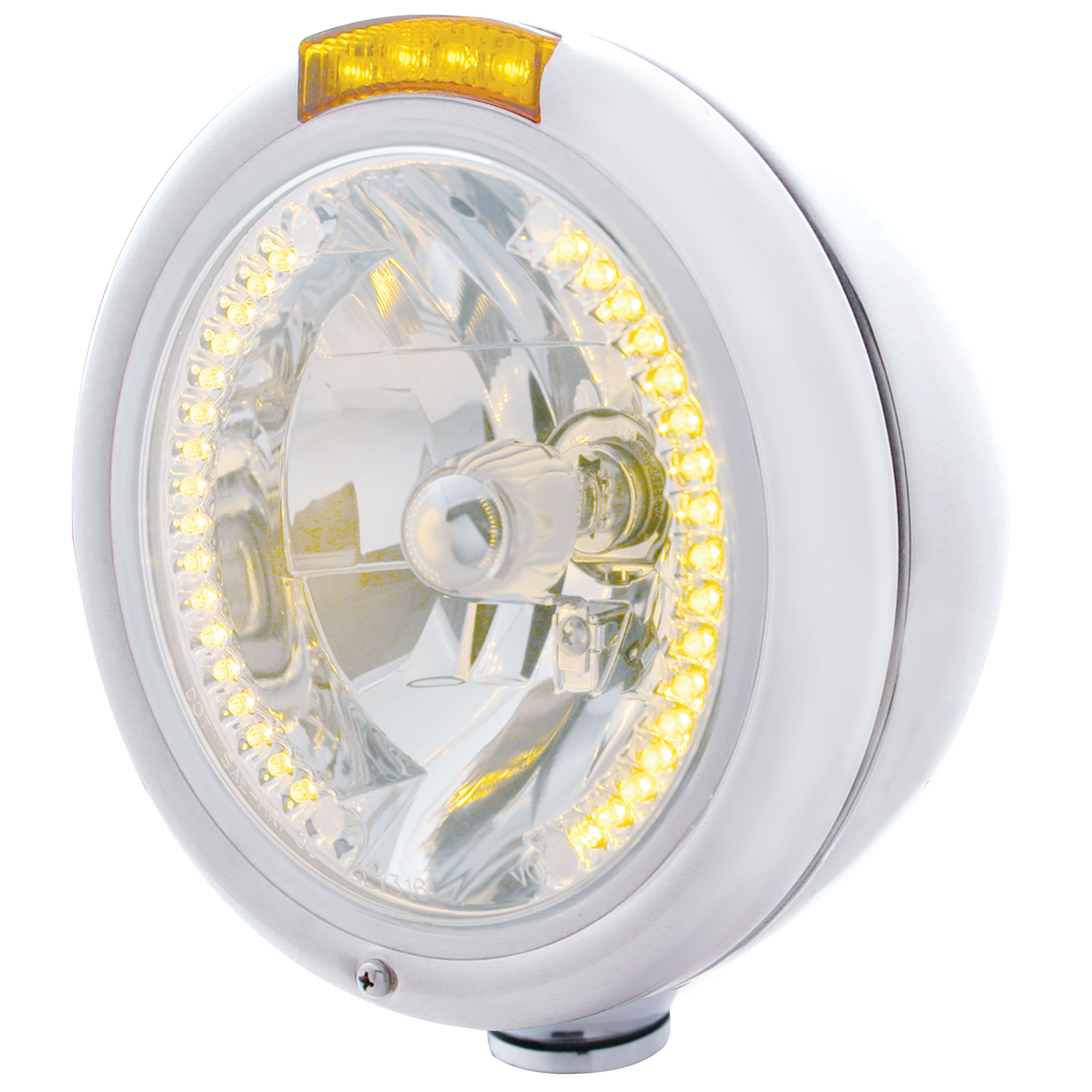 Chrome Peterbilt "Classic" Peterbilt Headlight W/ Amber Signal Light - 34 Amber Led Crystal Halogen