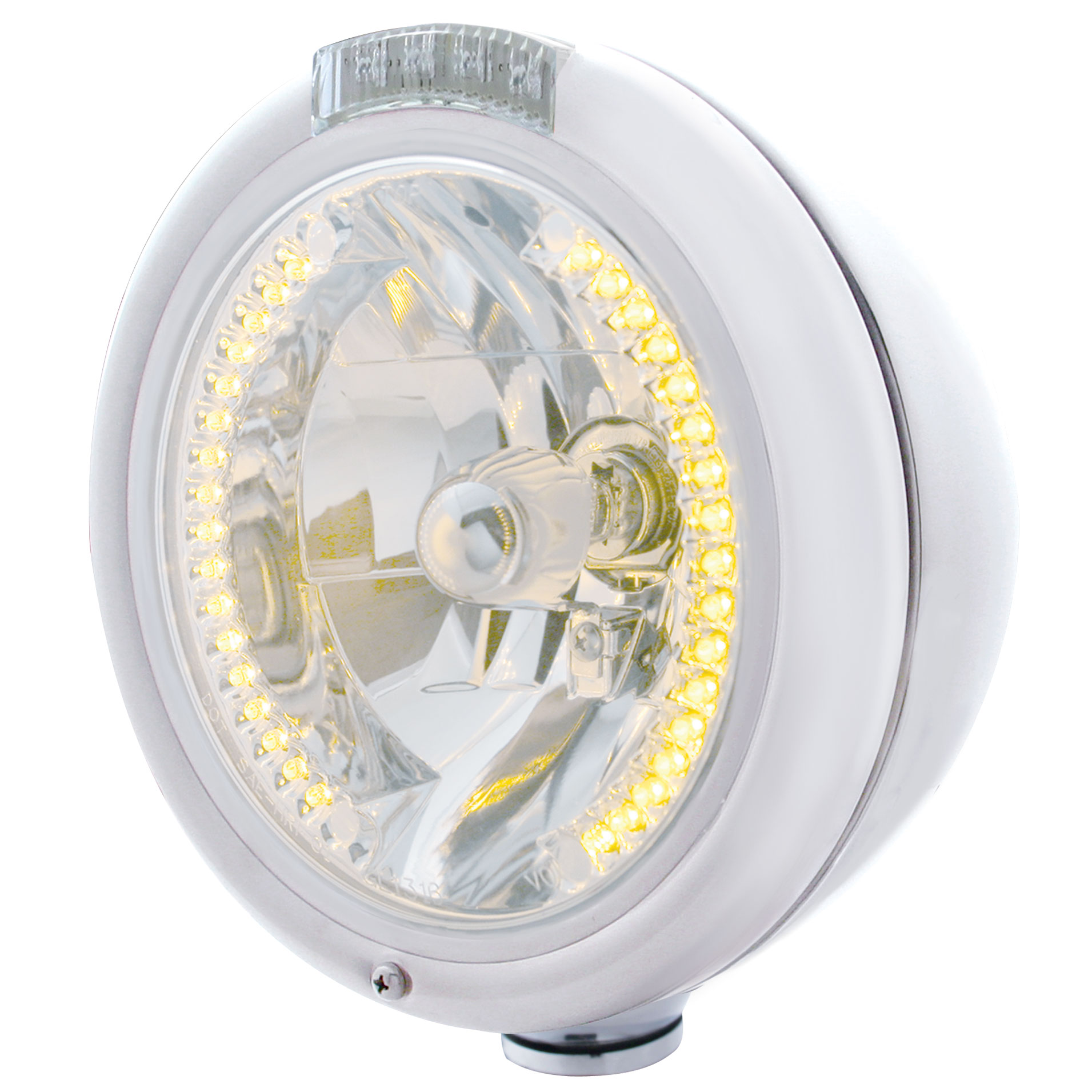 Chrome Peterbilt "Classic" Peterbilt Headlight W/ Amber/Clear Signal Light - 34 Amber Led Crystal Halogen