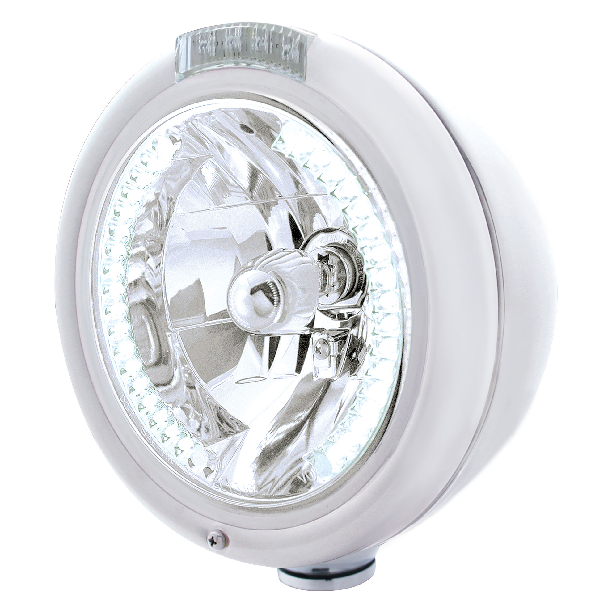 Chrome Peterbilt "Classic" Peterbilt Headlight W/ Amber/Clear Dual Function Signal Light - 34 White Led Crystal Halogen