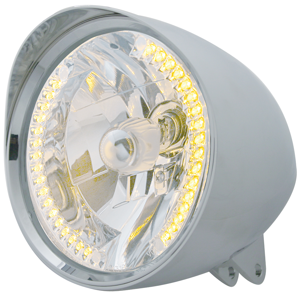 Chrome Aluminum 7" Billet Style "Chopper" Motorcycle Mount Headlight With Smooth Visor - 34 Amber Auxiliary Led
