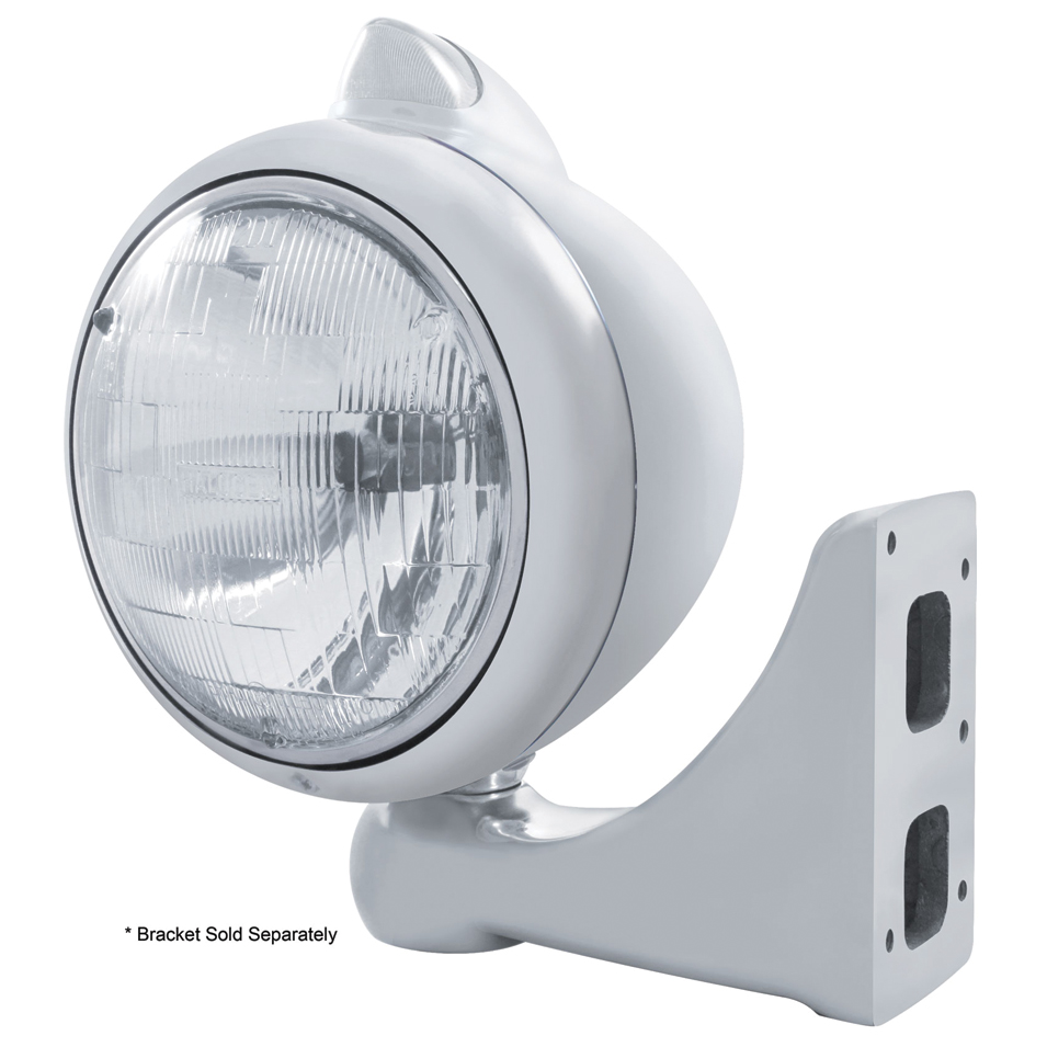 Stainless Steel "Guide" Peterbilt Headlight H6024 Halogen W/ 5 Amber Led Vintage 682-C Series 2 Top Mount Light - Clear Lens