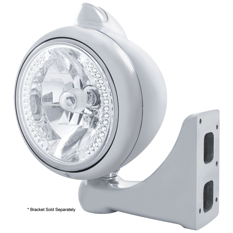 Cr. "Guide" Peterbilt Headlight 34 Wht Led Crystal Halogen W/ 5 Amb Led Vintage 682-C Series 2 Top Mount Light - Clear Lens