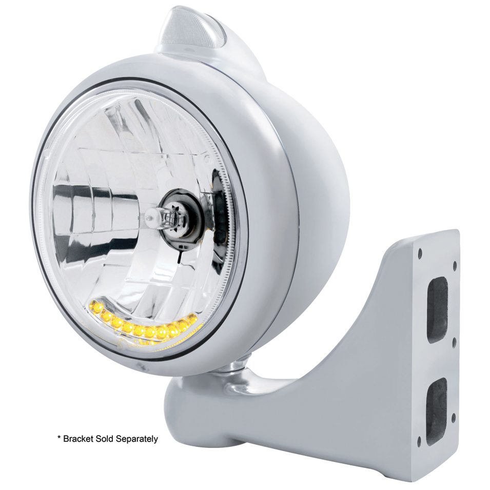 Cr. "Guide" Peterbilt Headlight 10 Amb Led Crystal Halogen W/ 5 Amb Led Vintage 682-C Series 2 Top Mount Light - Clear Lens