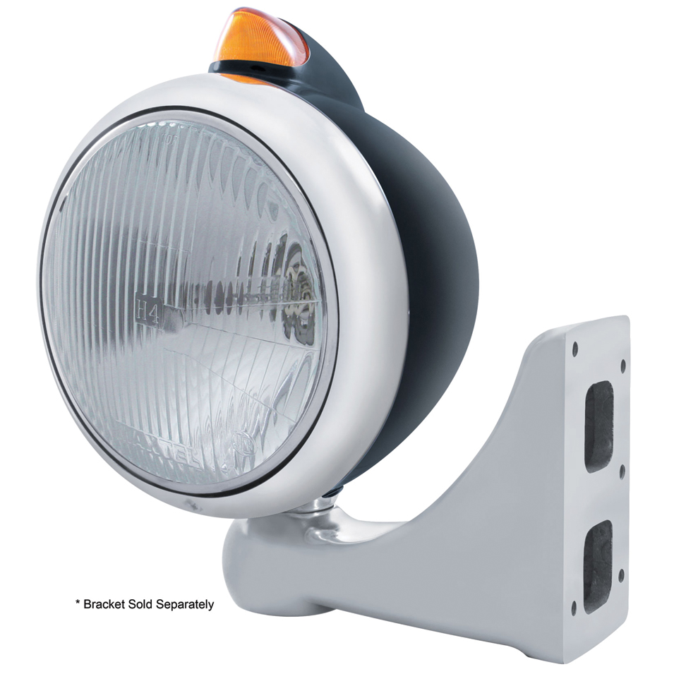 Blk. "Guide" Peterbilt Headlight H4 Halogen W/ 5 Amber Led Vintage 682-C Series 2 Top Mount Light - Amber Lens