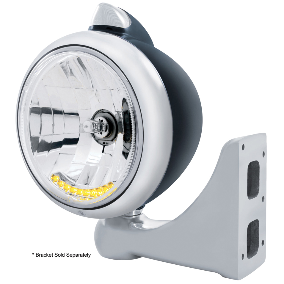 Blk. "Guide" Peterbilt Headlight 10 Amb Led Crystal Halogen W/ 5 Amb Led Vintage 682-C Series 2 Top Mount Light - Clear Lens