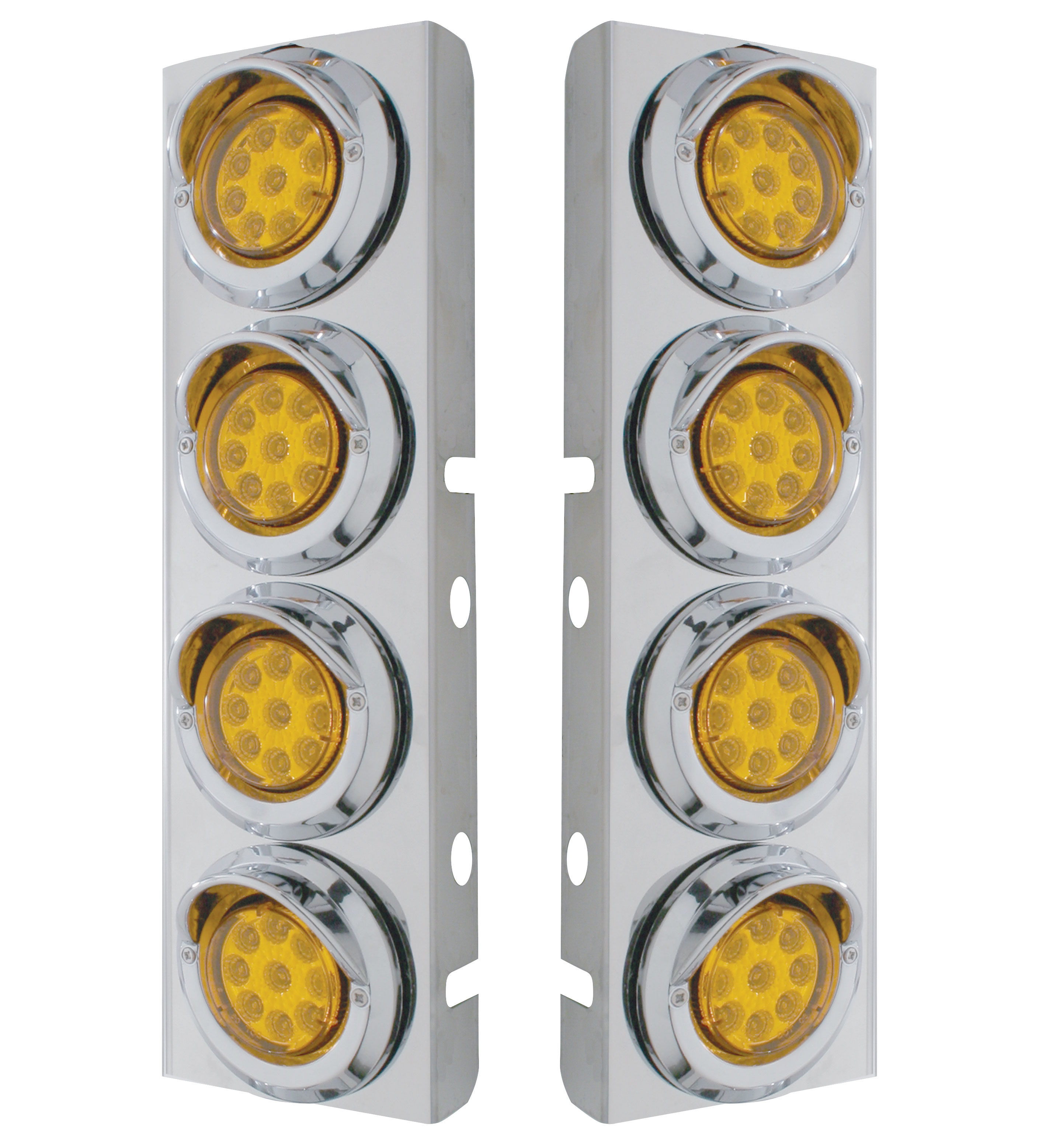 (2/Bulk) Stainless Steel Peterbilt 8 Led Cutout A/C Bracket W/2" 9 Amber Led Flat Reflector Light & Chrome Pl. Visor - Amber Lens