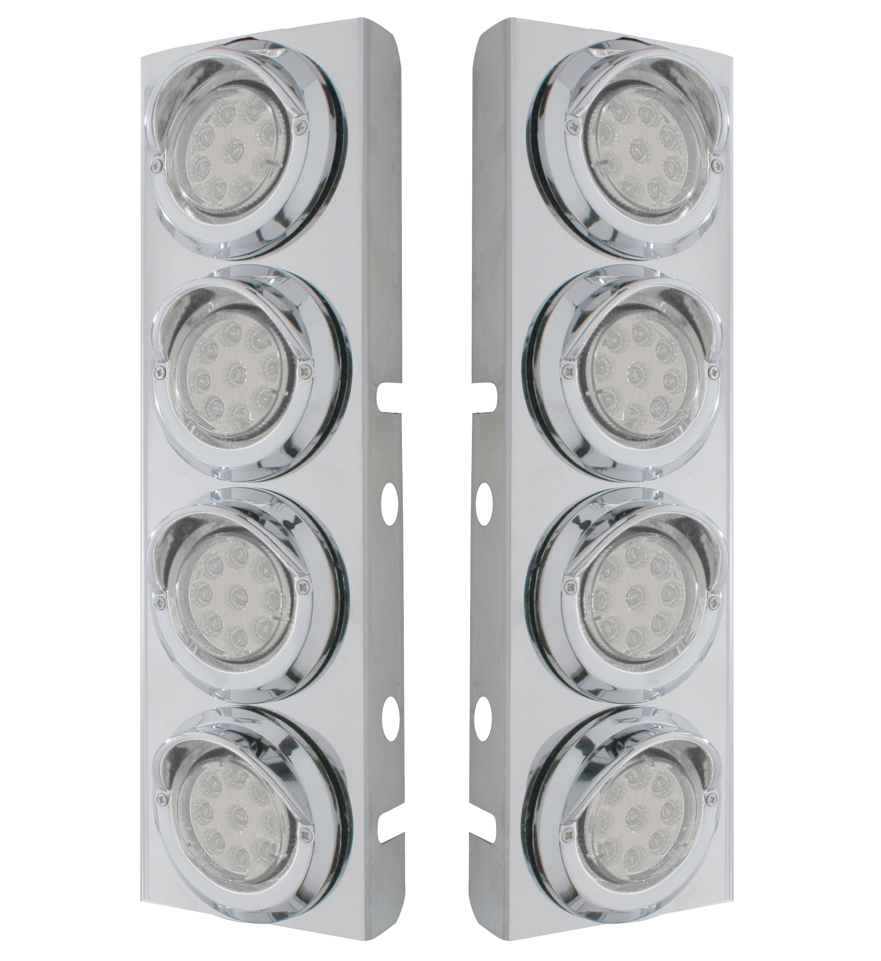 (2/Bulk) Stainless Steel Peterbilt 8 Led Cutout A/C Bracket W/2" 9 Amber Led Low Profile Light & Chrome Pl. Visor - Clear Lens