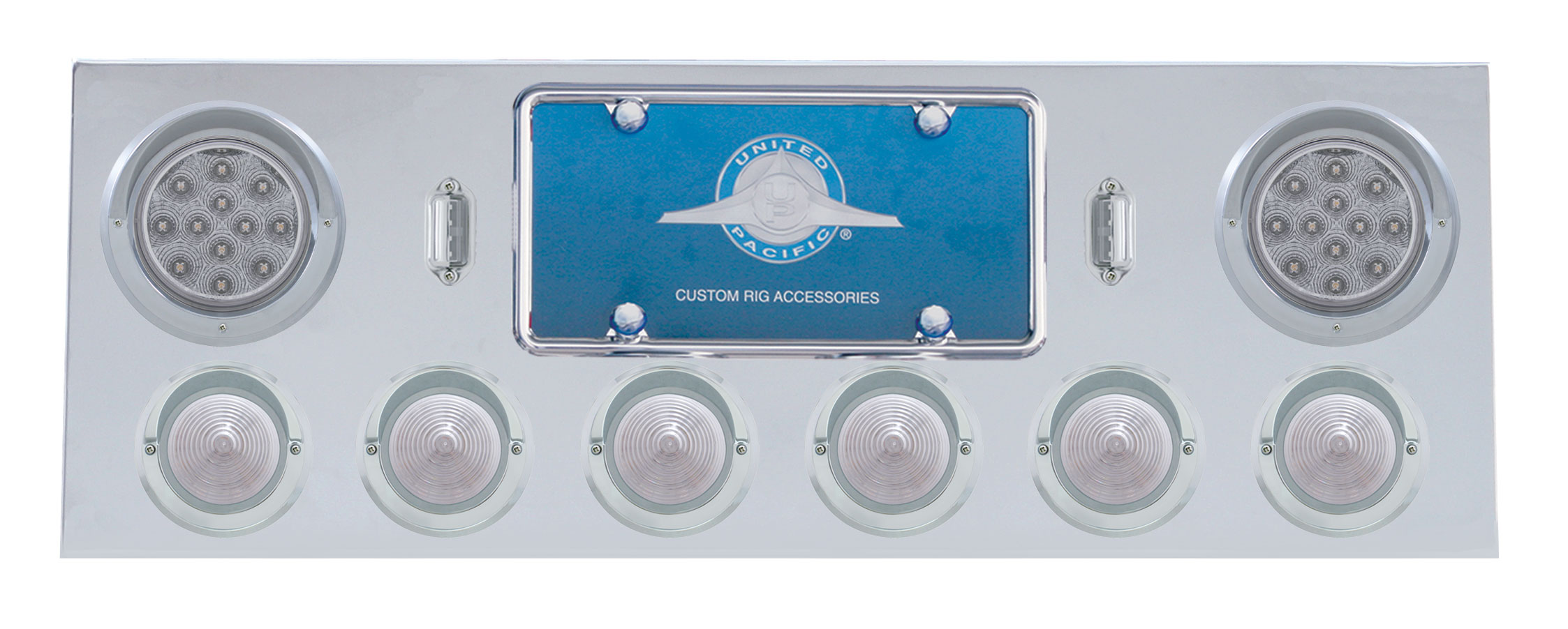 Stainless Steel Rear Center Light Panel W/ Two 12 Led 4" & Six 13 Led 2 1/2" Beehive Light W/ Visor - Red Led/Clear Lens