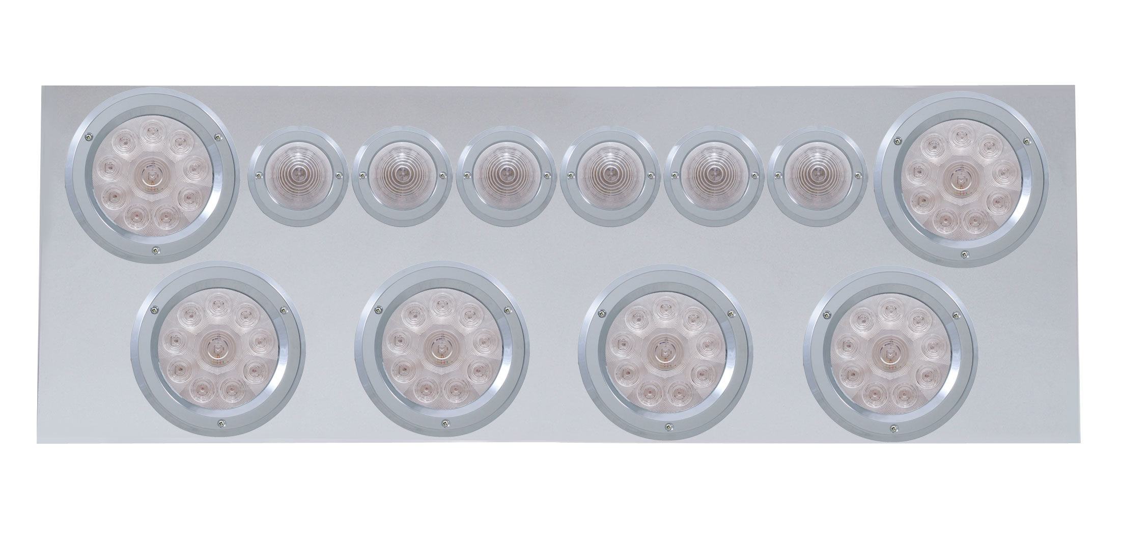Deluxe Stainless Steel Rear Center Lt Panel W/ Six 10 Led 4" & 9 Led 2" Beehive Lt W/ Bezel - Red Led/Clear Lens