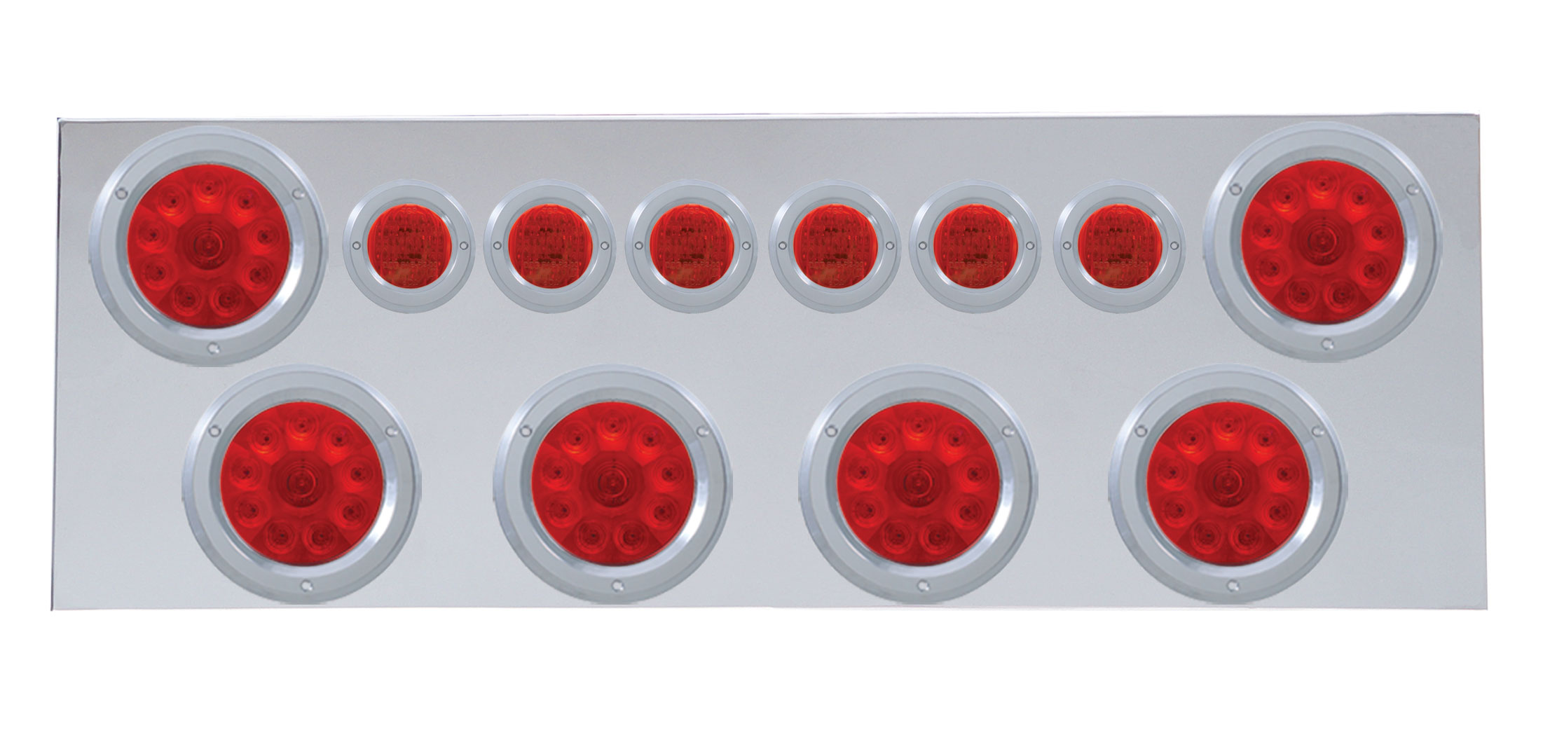 Stainless Steel Rear Center Light Panel W/ Six 10 Led 4" & 9 Led 2" Flat Light W/ Bezel - Red Led/Red Lens