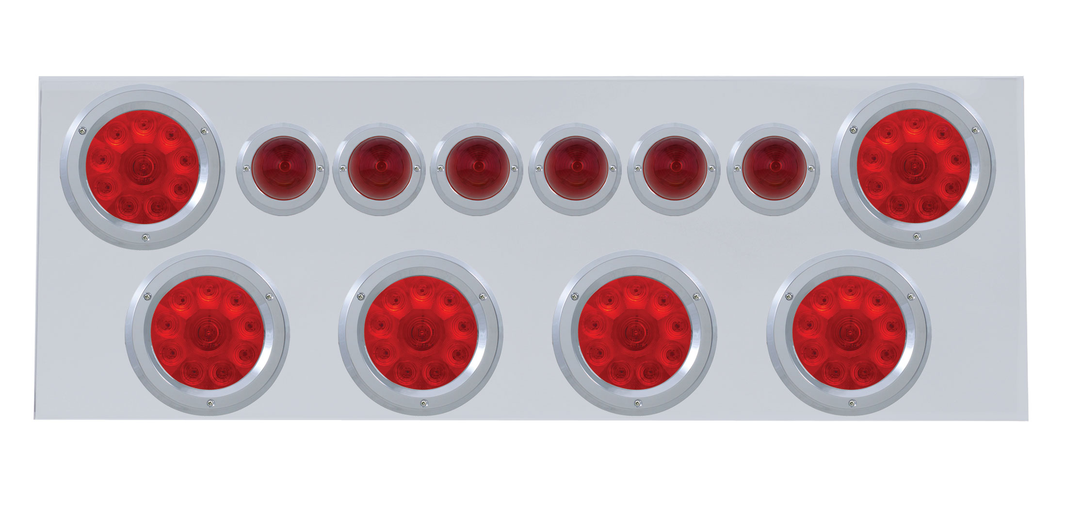 Stainless Steel Rear Center Light Panel W/ Six 10 Led 4" & 9 Led 2" Beehive Light W/ Bezel - Red Led/Red Lens
