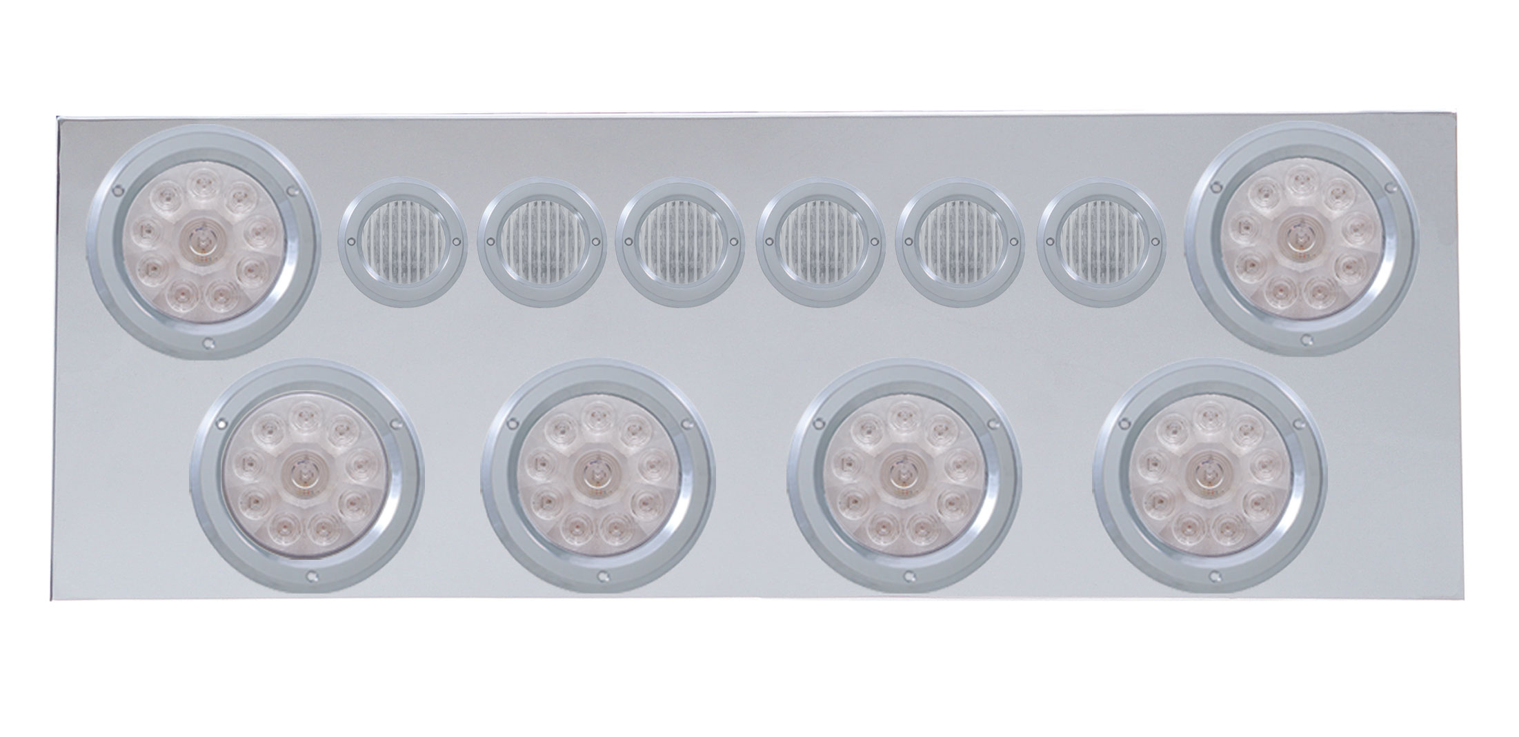 Stainless Steel Rear Center Light Panel W/ Six 10 Led 4" & 9 Led 2" Flat Light W/ Bezel - Red Led/Clear Lens