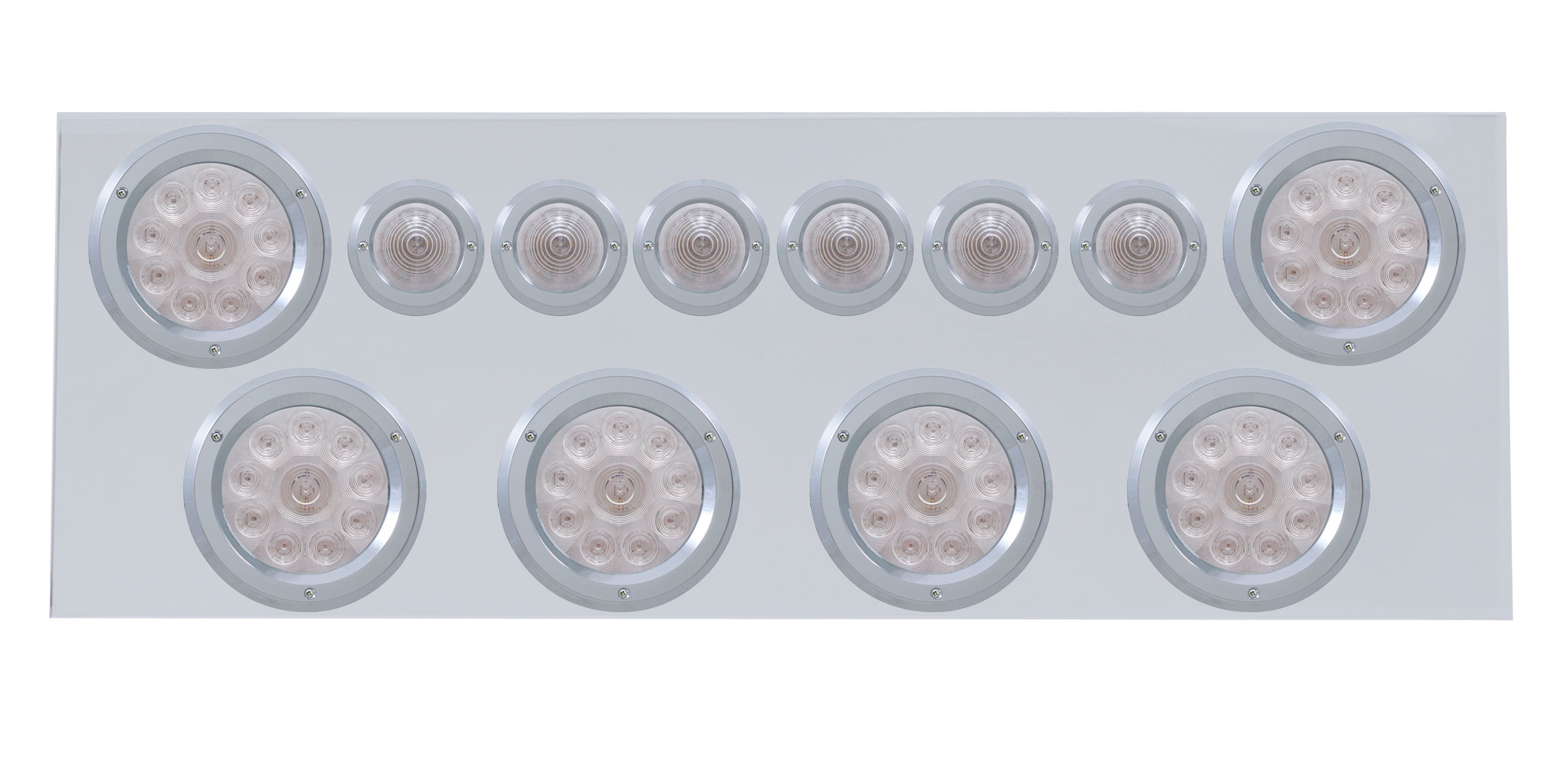 Stainless Steel Rear Center Light Panel W/ Six 10 Led 4" & 9 Led 2" Beehive Light W/ Bezel - Red Led/Clear Lens