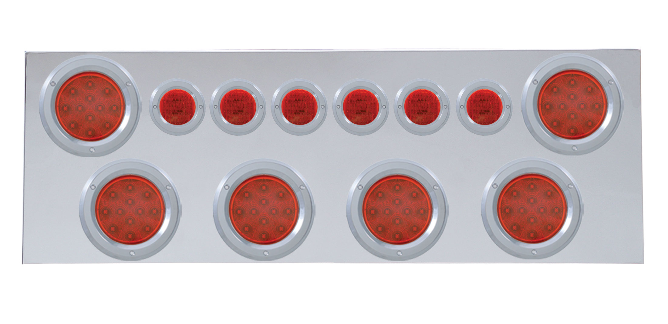 Stainless Steel Rear Center Light Panel W/ Six 12 Led 4" & 9 Led 2" Flat Light W/ Bezel - Red Led/Red Lens