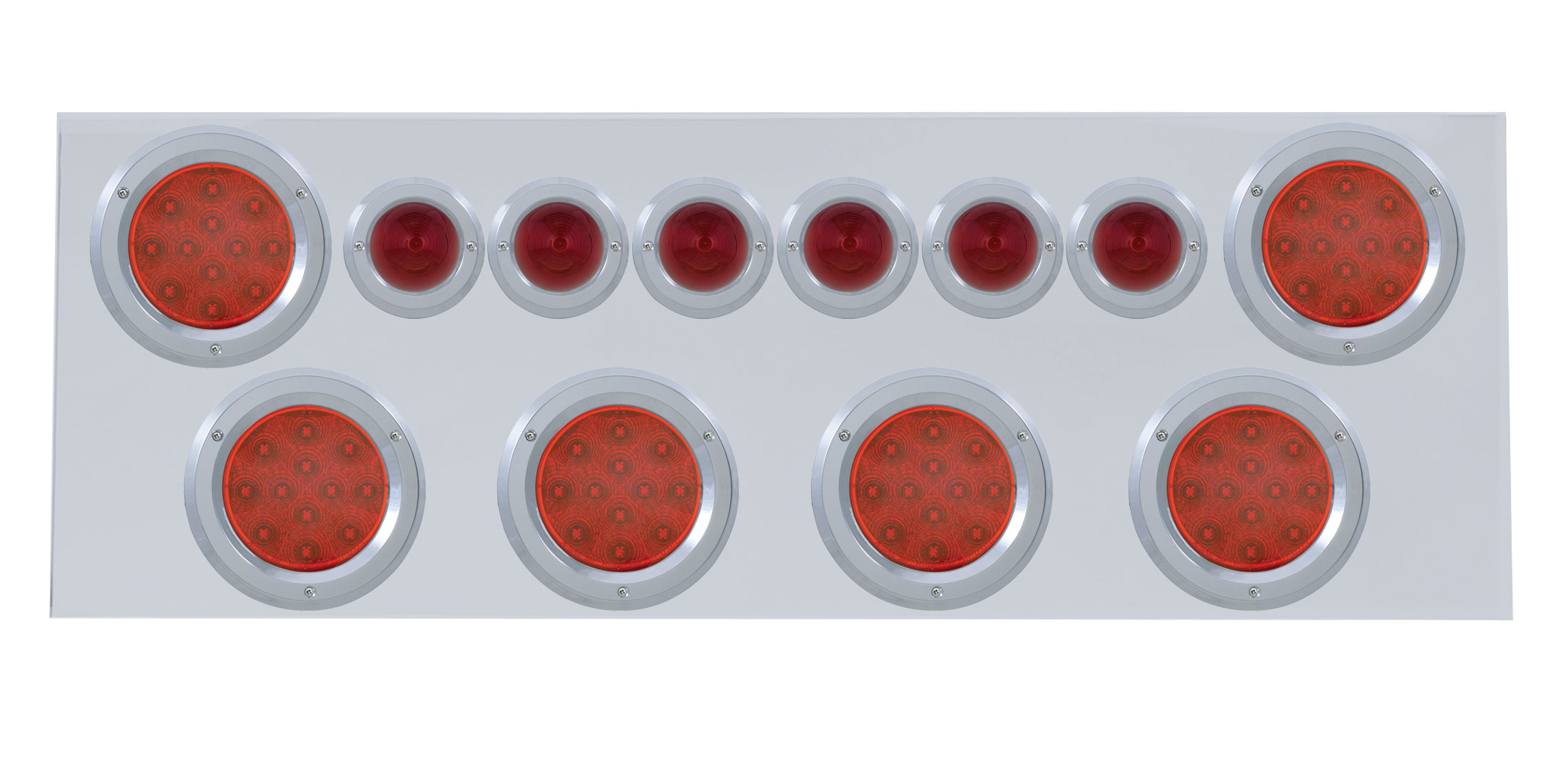 Stainless Steel Rear Center Light Panel W/ Six 12 Led 4" & 9 Led 2" Beehive Light W/ Bezel - Red Led/Red Lens