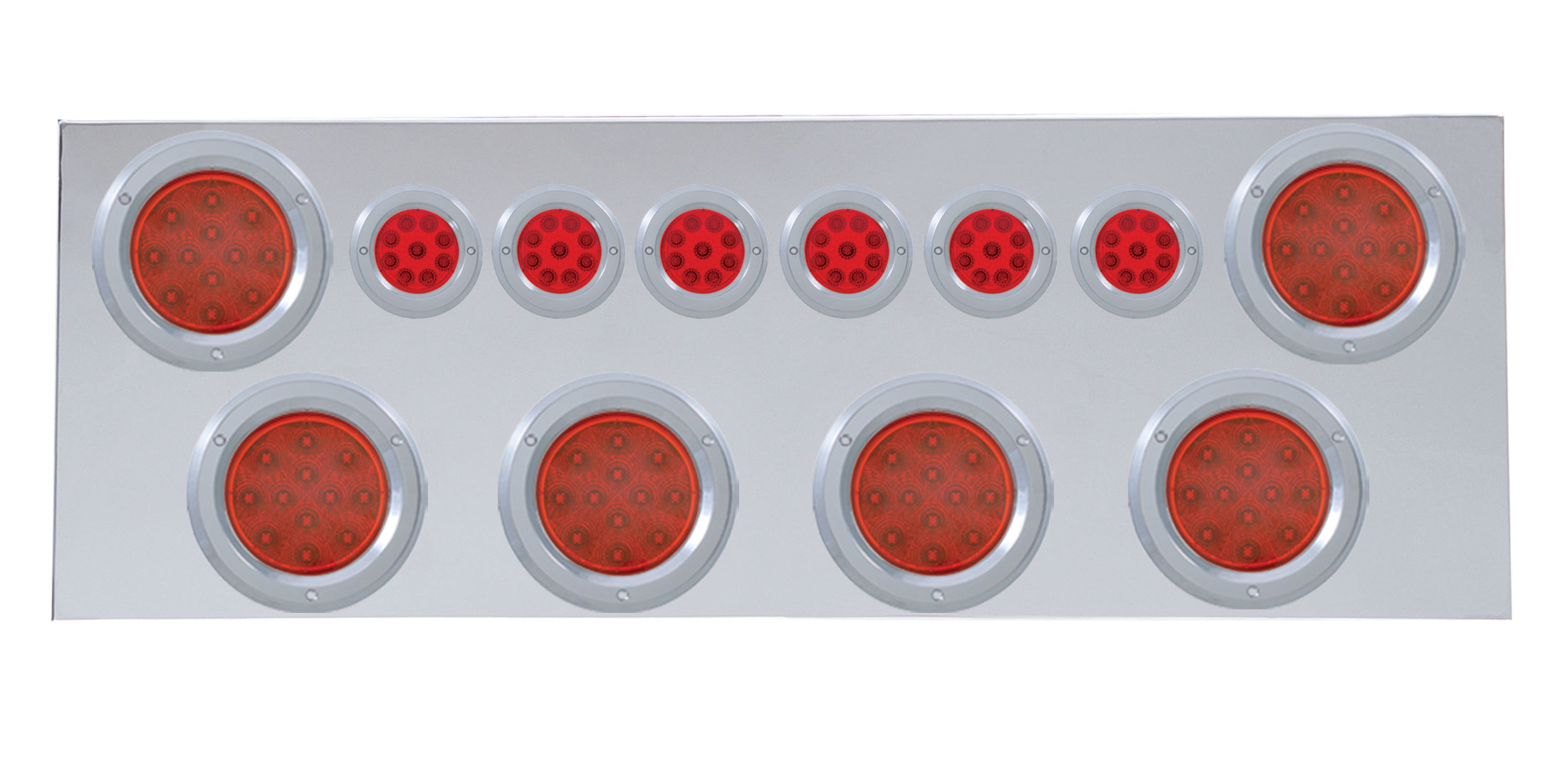 Stainless Steel Rear Center Light Panel W/ Six 12 Led 4" & 9 Led 2" Reflector Light W/ Bezel - Red Led/Red Lens