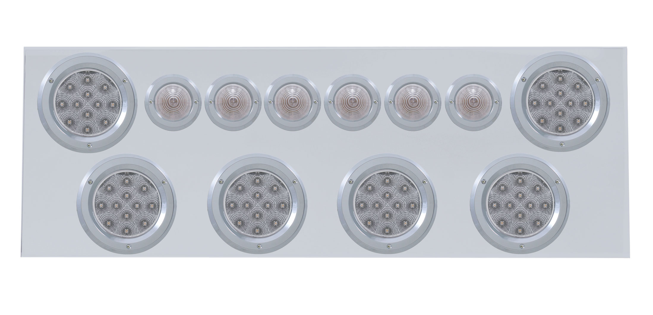 Stainless Steel Rear Center Light Panel W/ Six 12 Led 4" & 9 Led 2" Beehive Light W/ Bezel - Red Led/Clear Lens