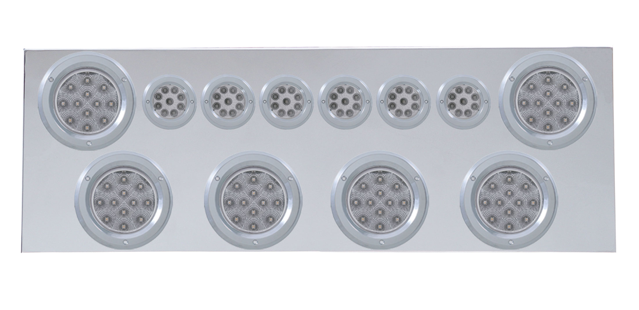 Stainless Steel Rear Center Light Panel W/ Six 12 Led 4" & 9 Led 2" Reflector Light W/ Bezel - Red Led/Clear Lens