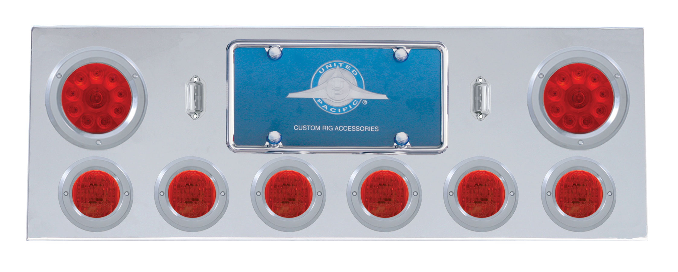 Stainless Steel Rear Center Light Panel W/ Two 10 Led 4" & Six 13 Led 2 1/2" Flat Light W/ Bezel - Red Led/Red Lens