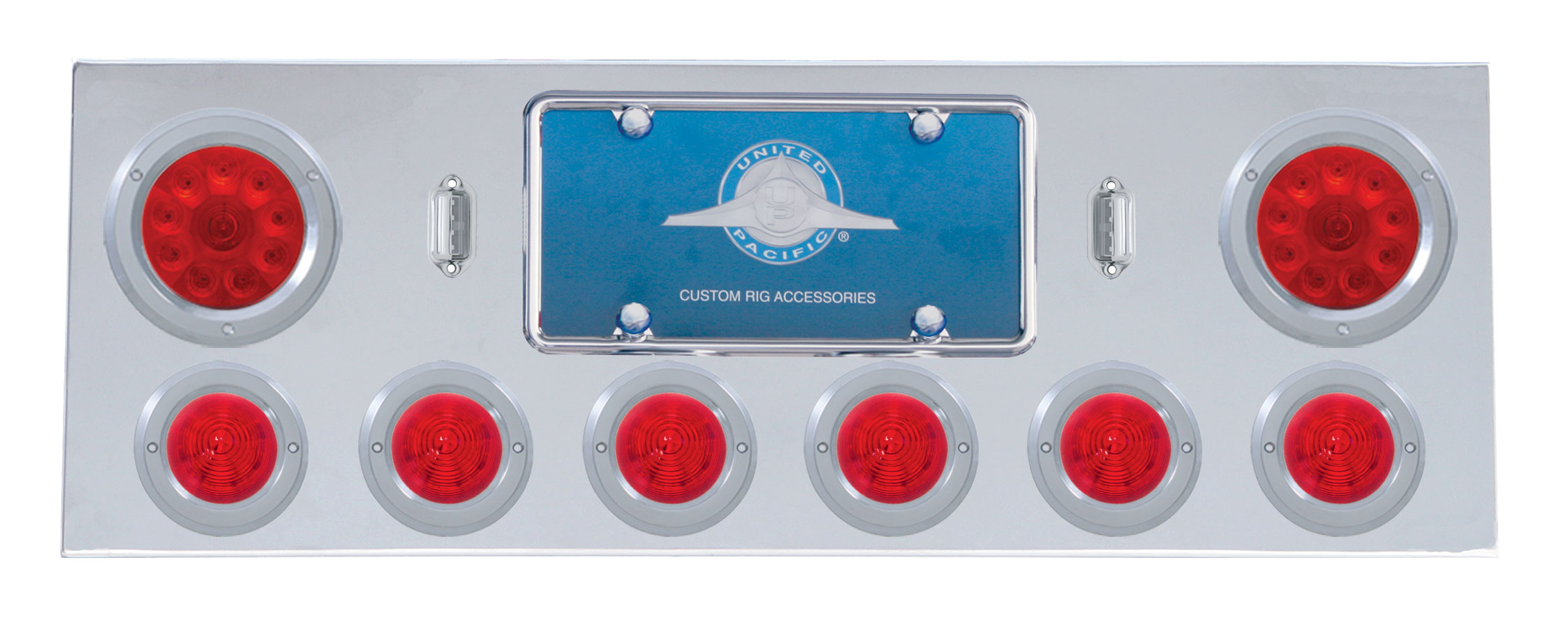 Stainless Steel Rear Center Light Panel W/ Two 10 Led 4" & Six 13 Led 2 1/2" Beehive Light W/ Bezel - Red Led/Red Lens