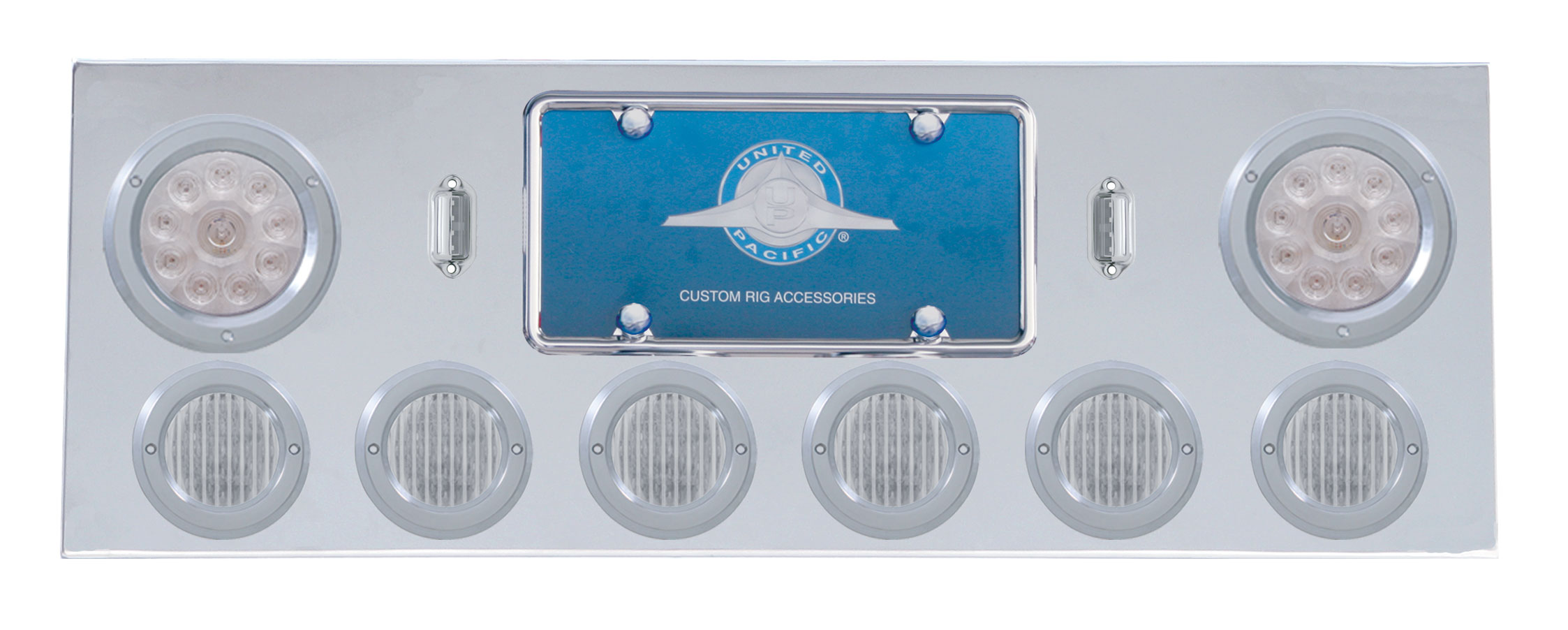 Stainless Steel Rear Center Light Panel W/ Two 10 Led 4" & Six 13 Led 2 1/2" Flat Light W/ Bezel - Red Led/Clear Lens