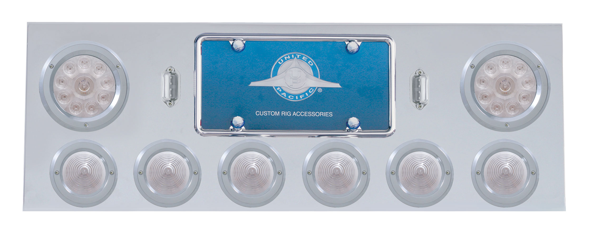 Stainless Steel Rear Center Light Panel W/ Two 10 Led 4" & Six 13 Led 2 1/2" Beehive Light W/ Bezel - Red Led/Clear Lens