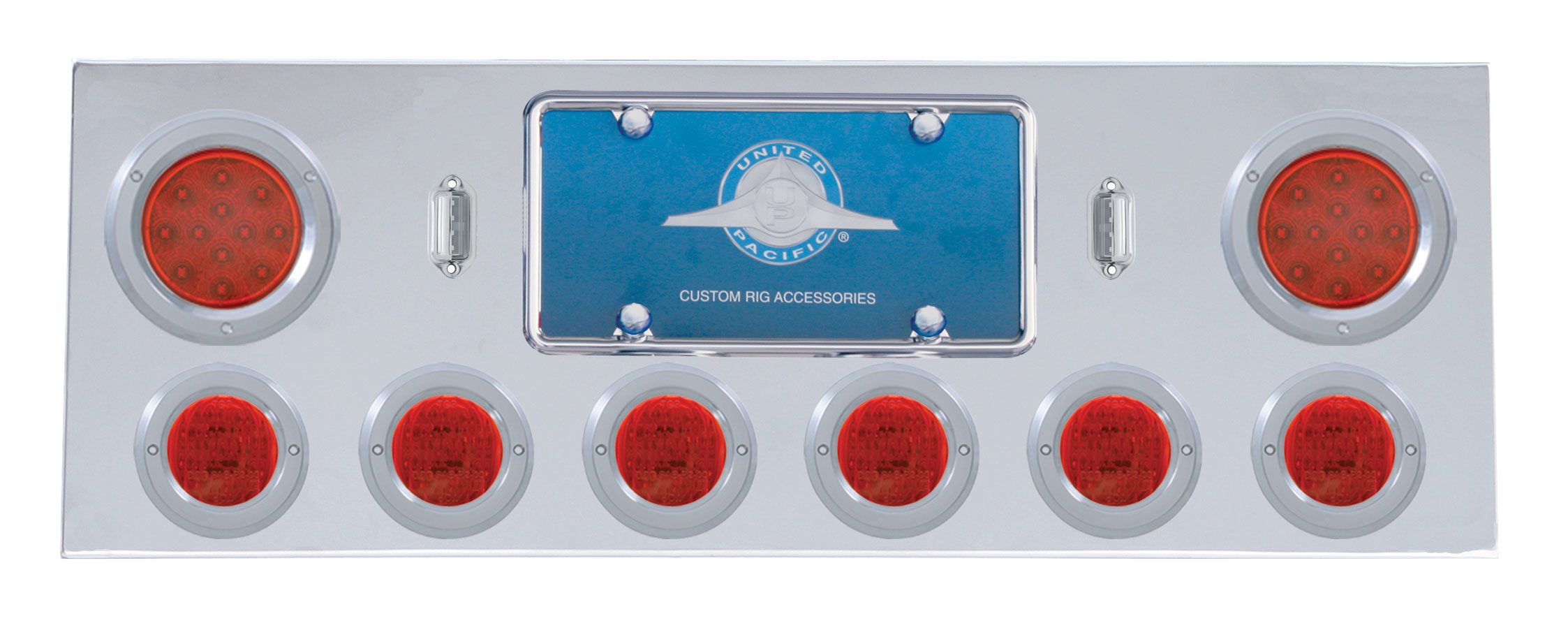 Stainless Steel Rear Center Light Panel W/ Two 12 Led 4" & Six 13 Led 2 1/2" Flat Light W/ Bezel - Red Led/Red Lens