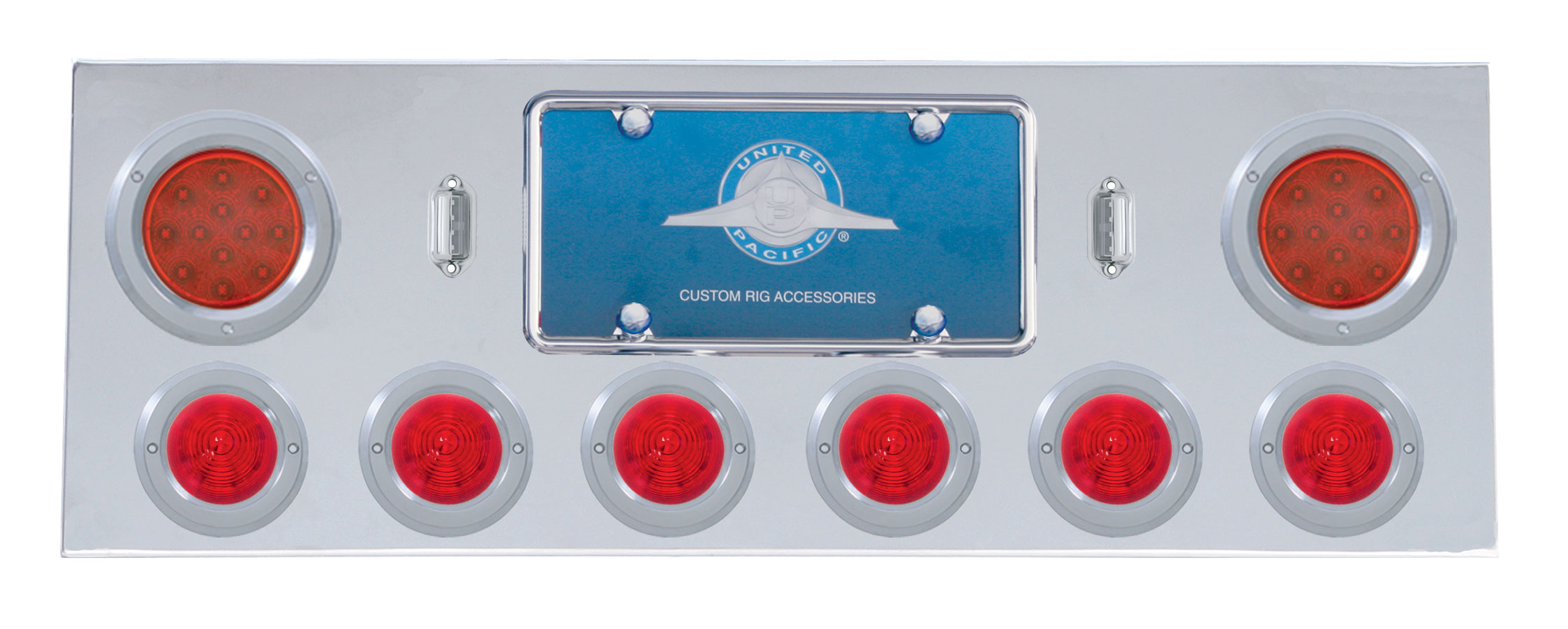 Stainless Steel Rear Center Light Panel W/ Two 12 Led 4" & Six 13 Led 2 1/2" Beehive Light W/ Bezel - Red Led/Red Lens
