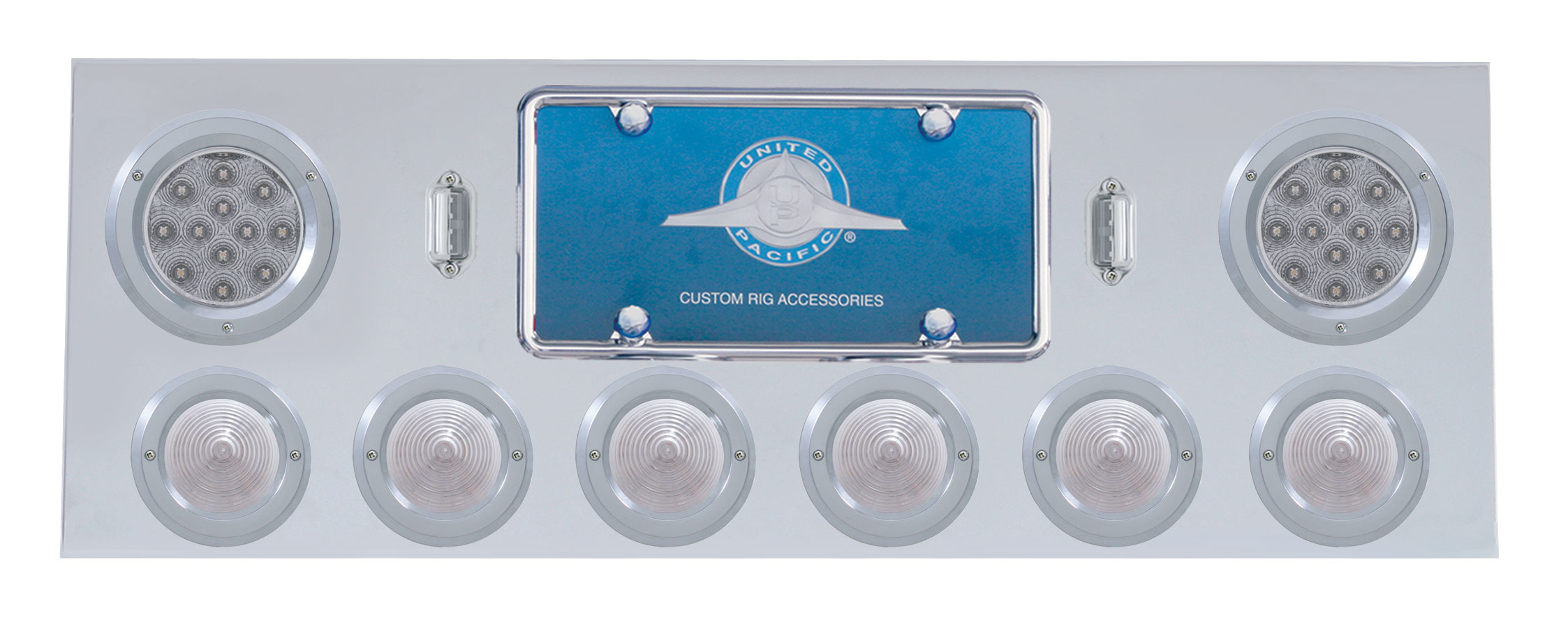 Stainless Steel Rear Center Light Panel W/ Two 12 Led 4" & Six 13 Led 2 1/2" Beehive Light W/ Bezel - Red Led/Clear Lens