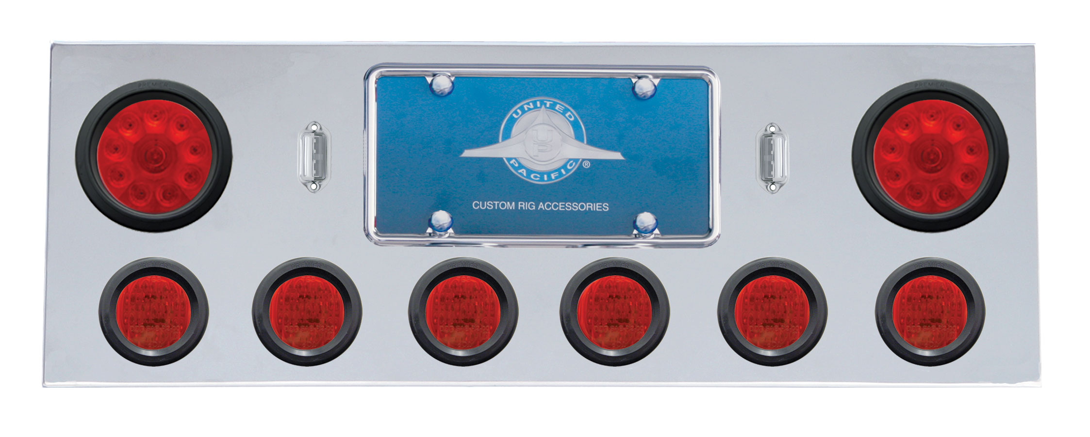 Stainless Steel Rear Center Lt Panel W/ Two 10 Led 4" & Six 13 Led 2 1/2" Flat Lt W/ Grommet - Red Led/Red Lens