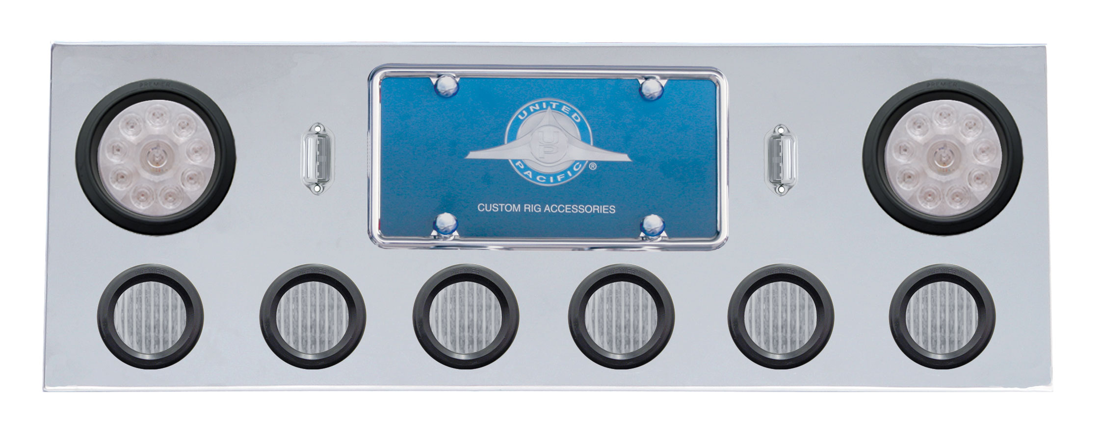 Stainless Steel Rear Center Lt Panel W/ Two 10 Led 4" & Six 13 Led 2 1/2" Flat Lt W/ Grommet - Red Led/Clear Lens